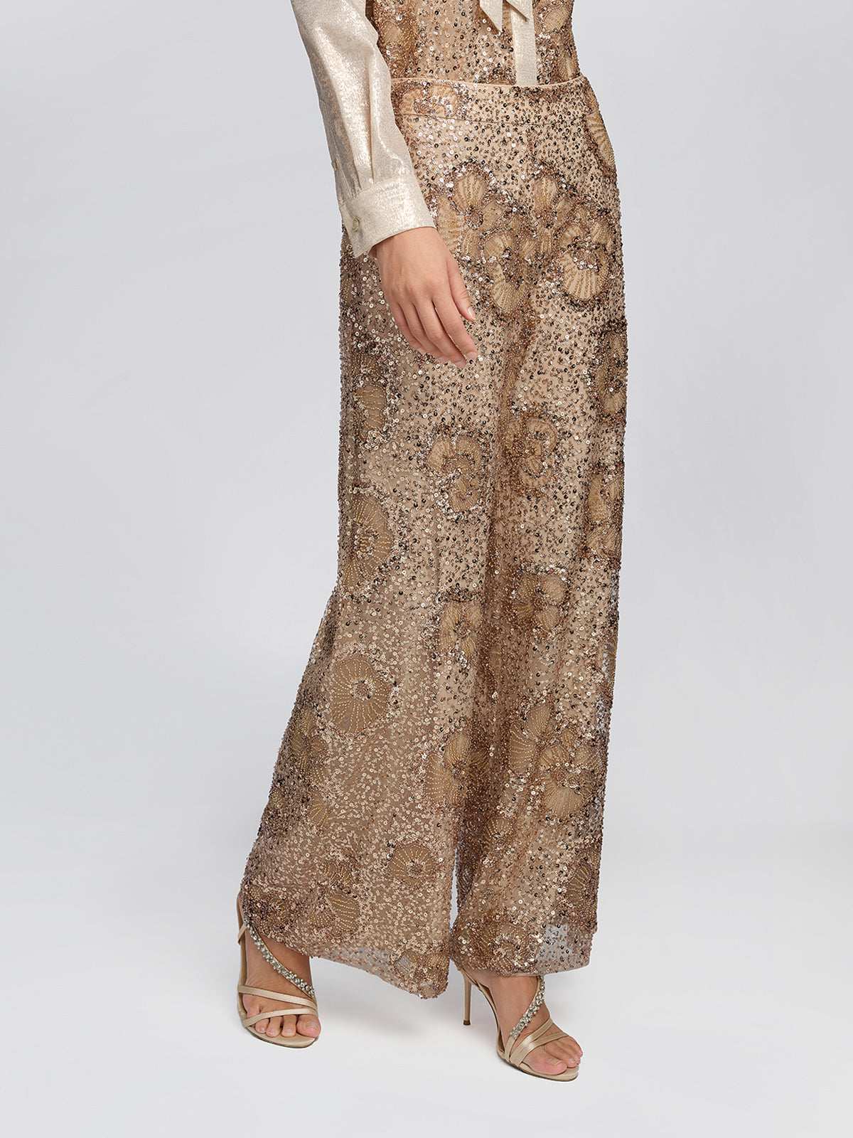 Mesh Vintage Floral Beaded Wide-Leg Pants