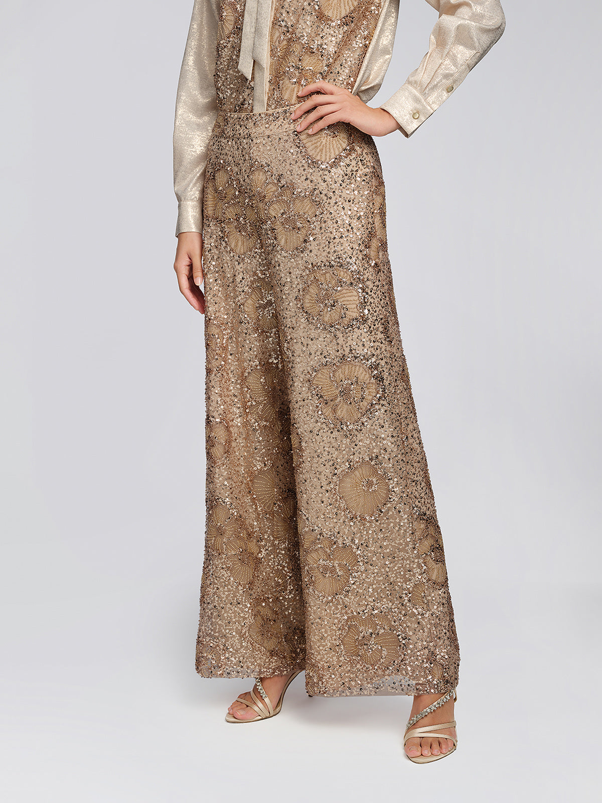 Mesh Vintage Floral Beaded Wide-Leg Pants