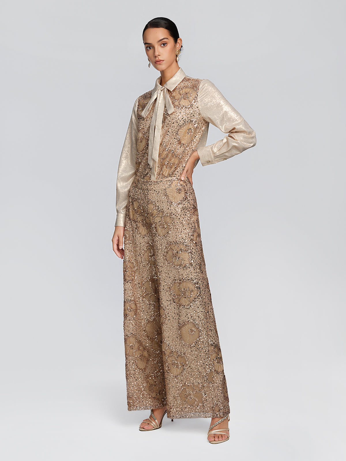 Metallic Sequin Beaded Bow Shirt