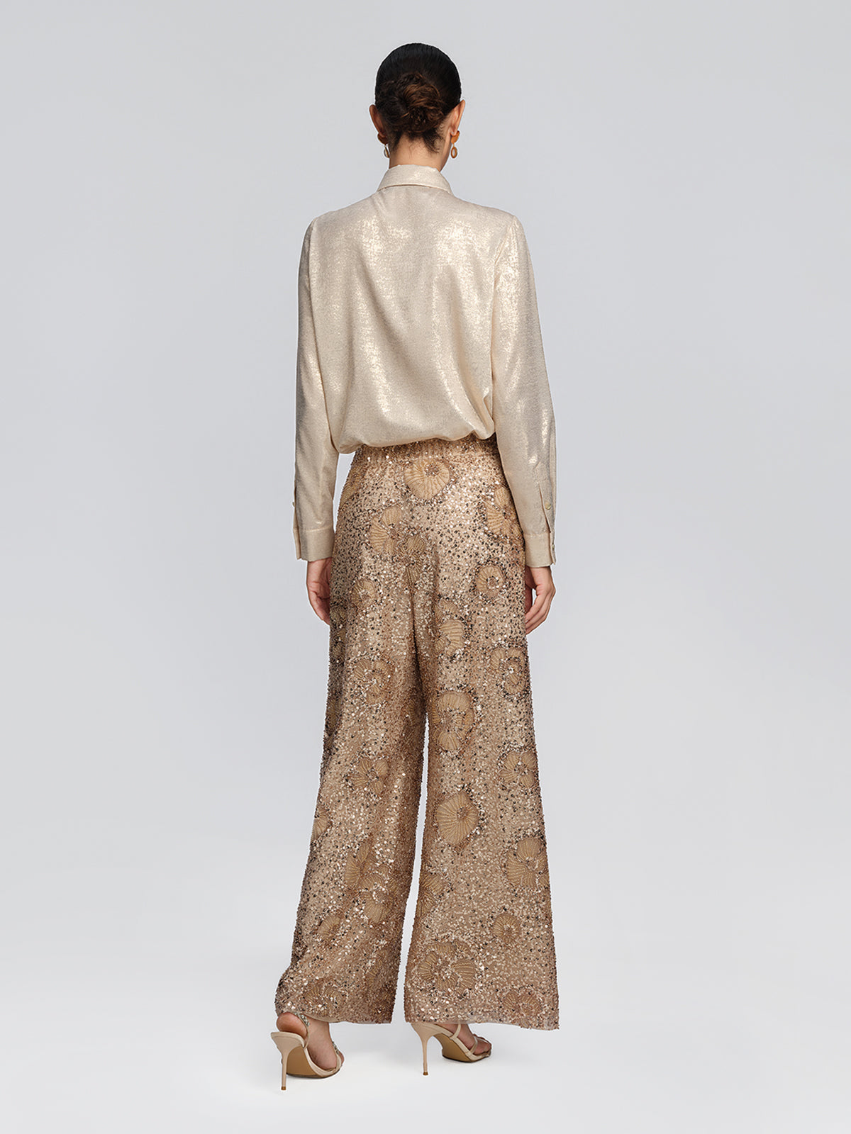 Mesh Vintage Floral Beaded Wide-Leg Pants