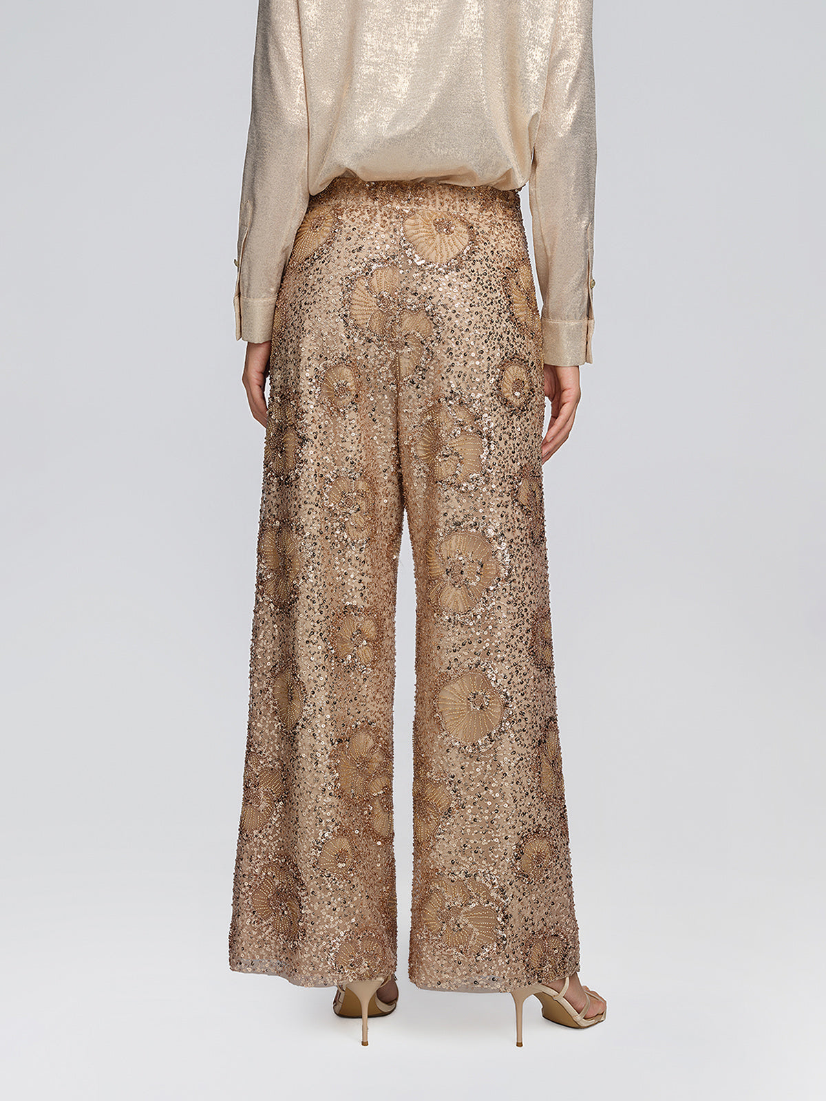 Mesh Vintage Floral Beaded Wide-Leg Pants