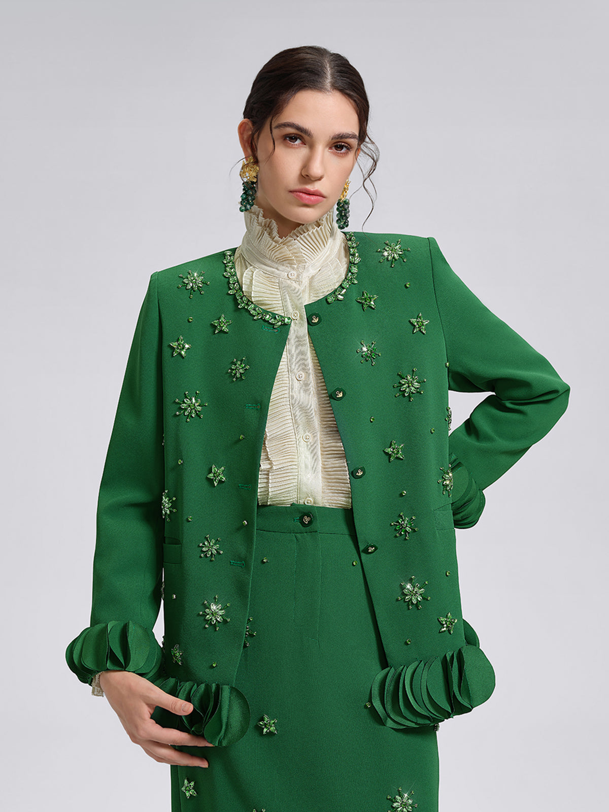 Hand-Beaded Floral Trim Jacket