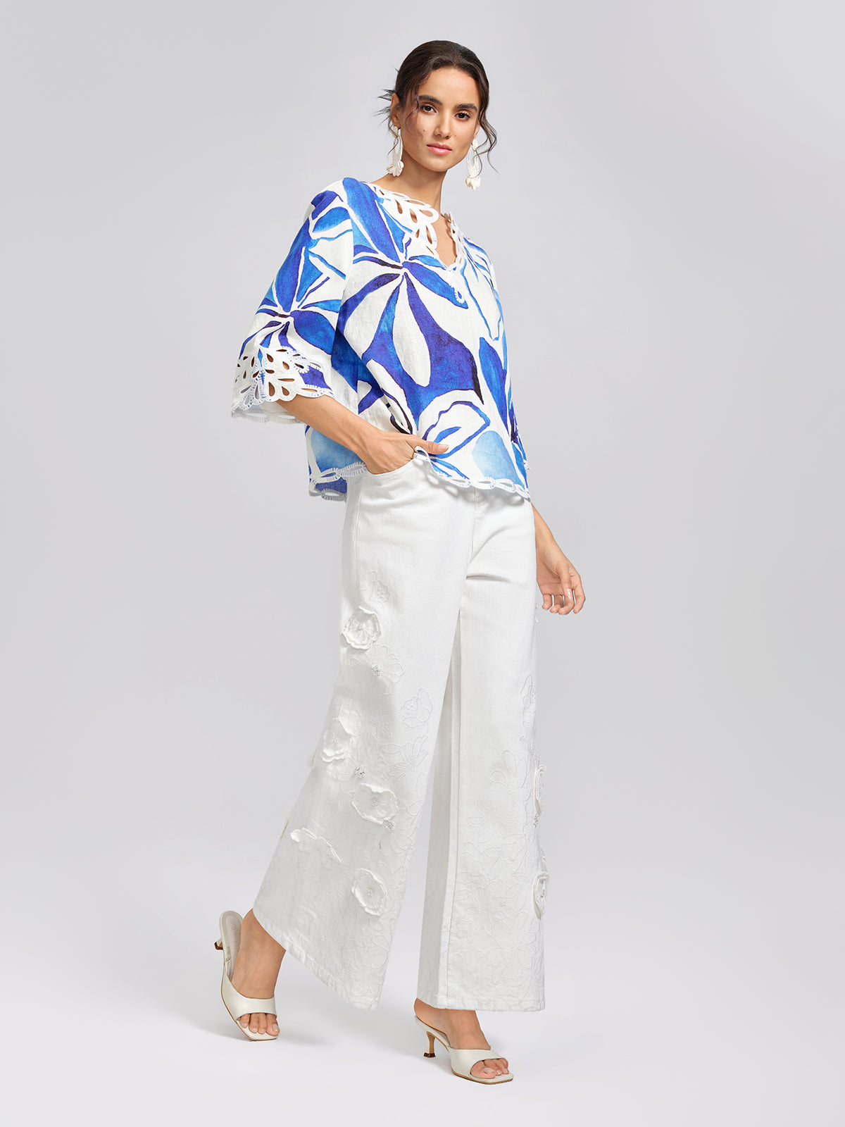 100% Linen Hand-Drawn Resort Print Embroidered Top