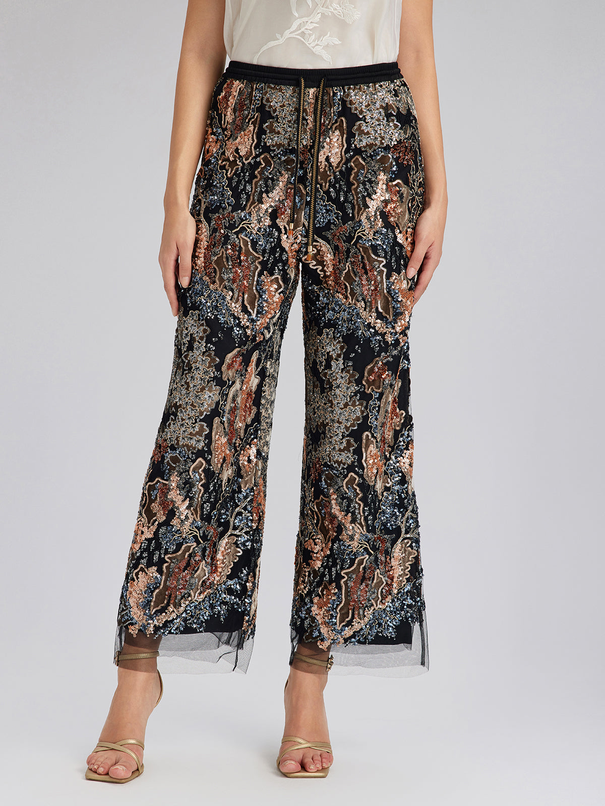 Sequin Vine Embroidered Straight Pants