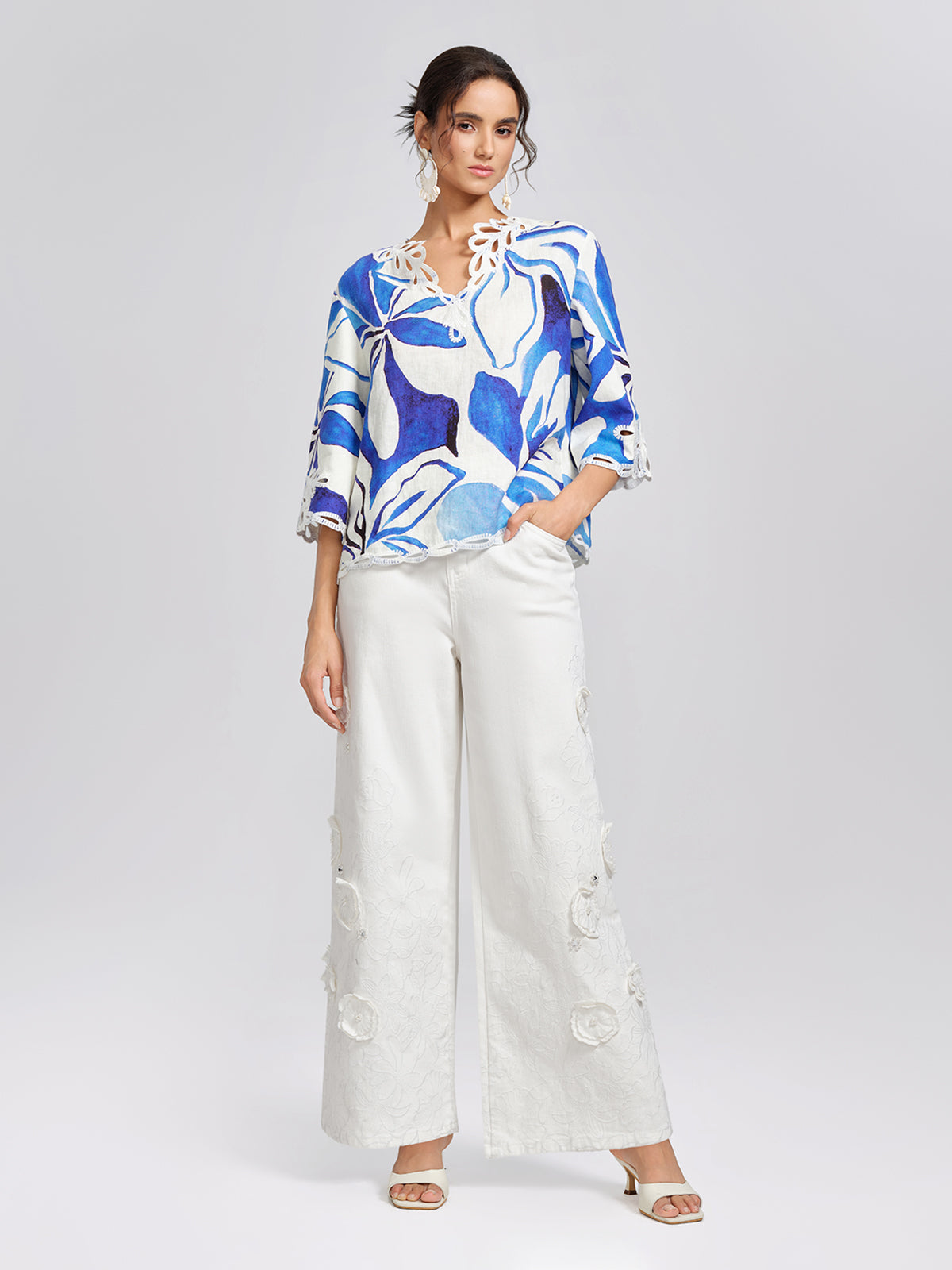 3D Floral Embroidered Beaded Wide-Leg Jeans