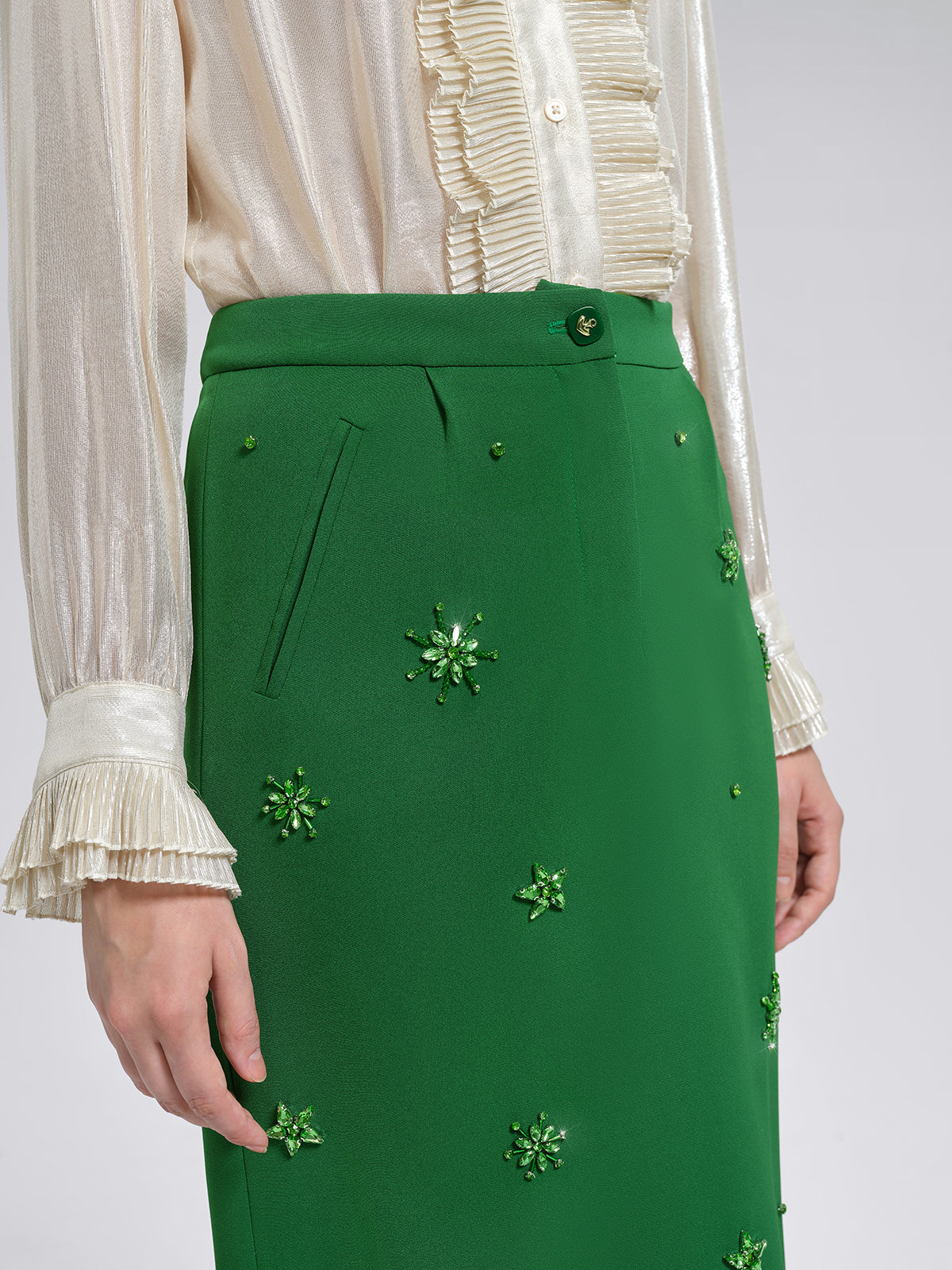Hand-Beaded Layered Floral Trim Skirt