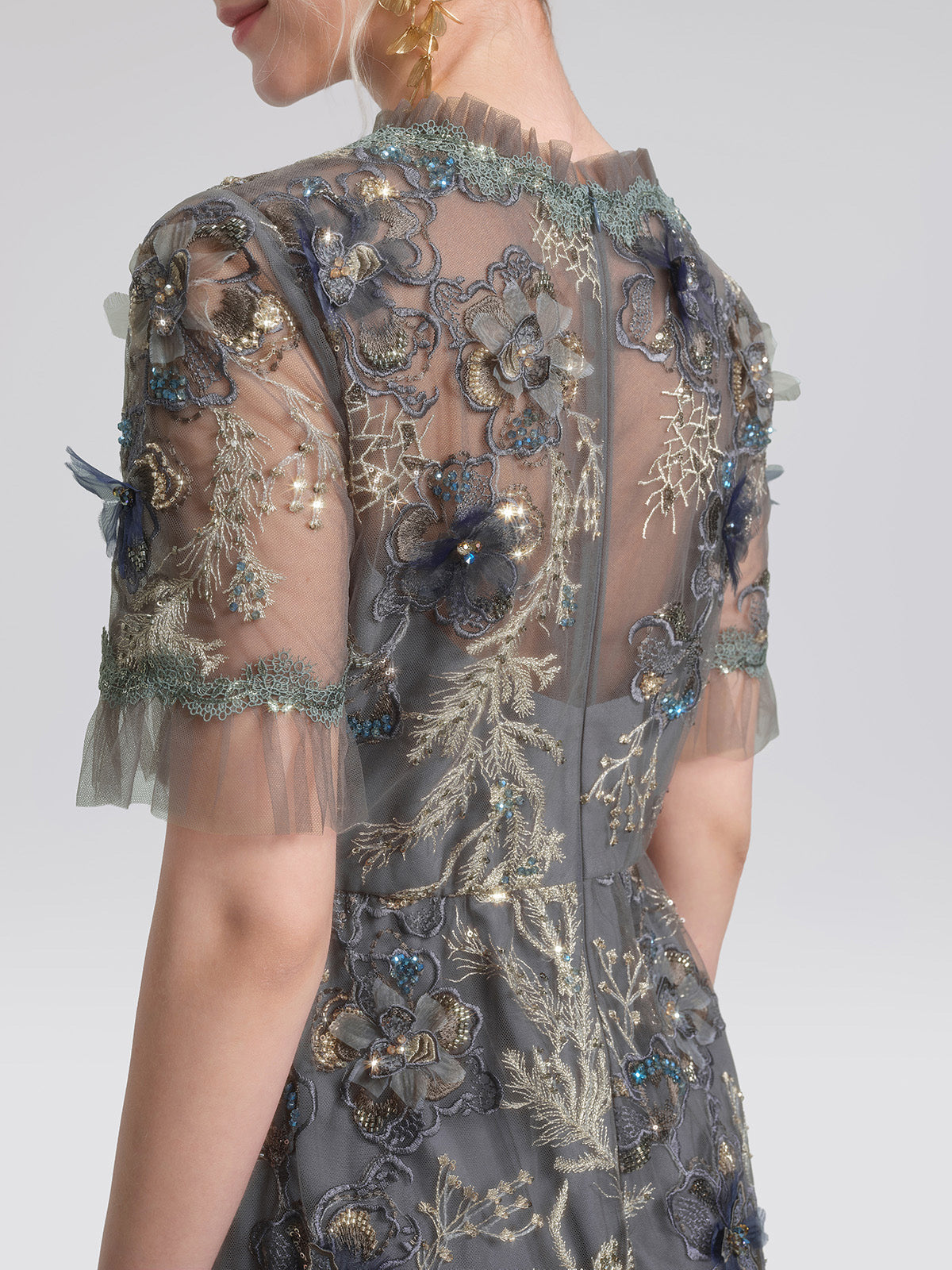 Gold Thread Embroidered Mesh Lace V-Neck Ruffle Sleeve Dress