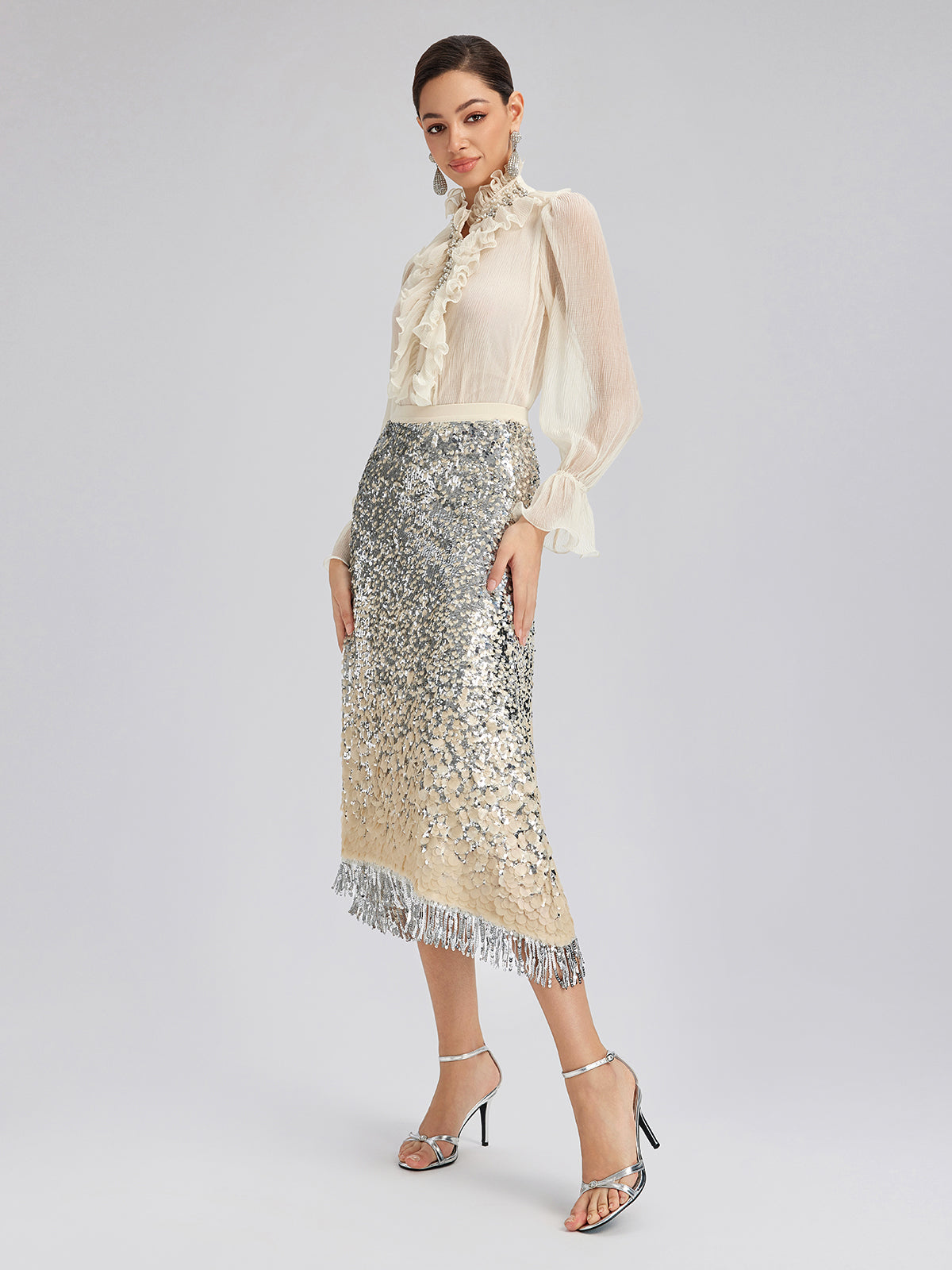 Ombre Sequin Fringe Elastic-Waist A-Line Skirt