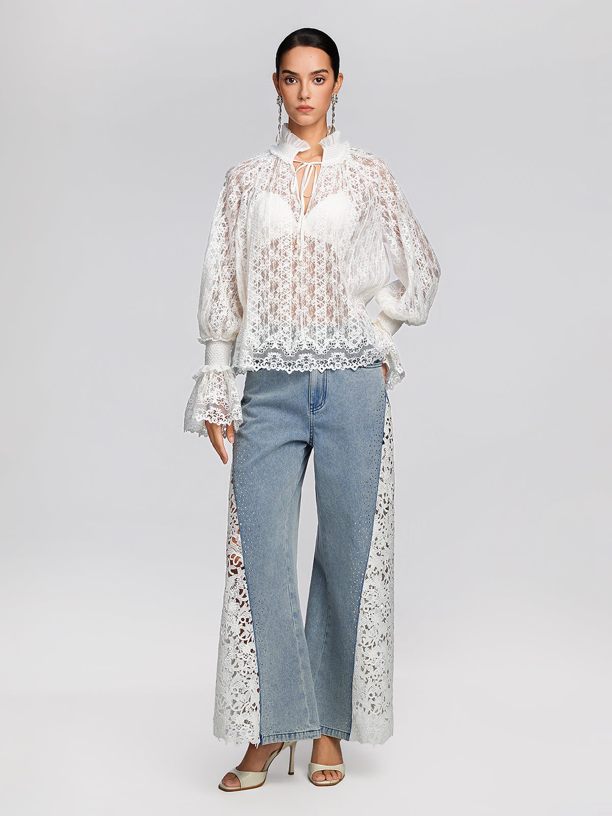 Eyelet Lace Ruffle High-Neck Blouse