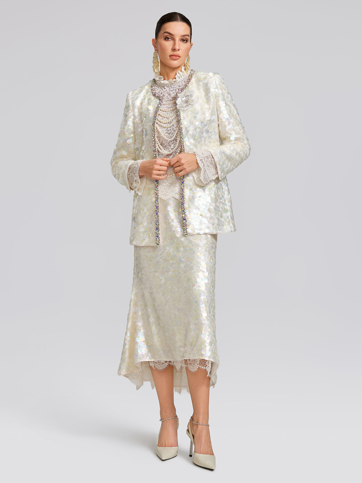 Iridescent Sequin Hand-Beaded Jacket (Detachable Flower Included)