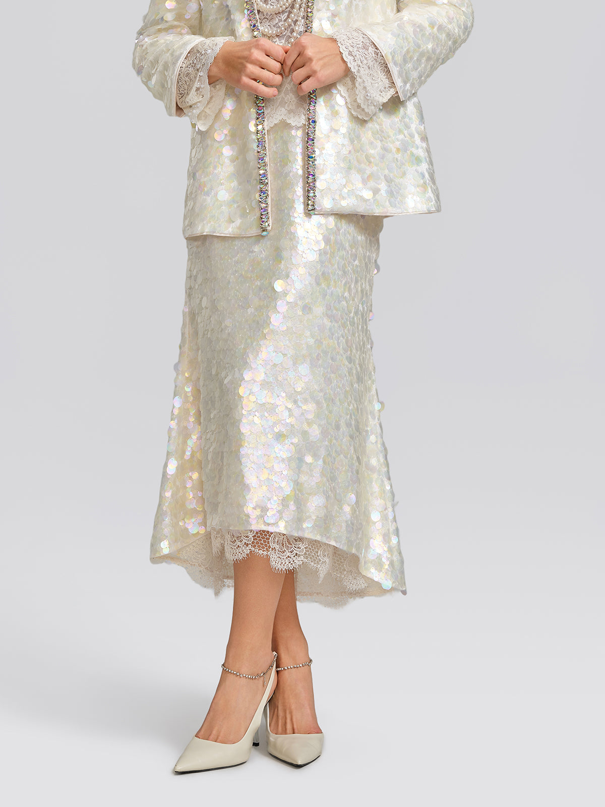 Iridescent Sequin Lace Trim Skirt