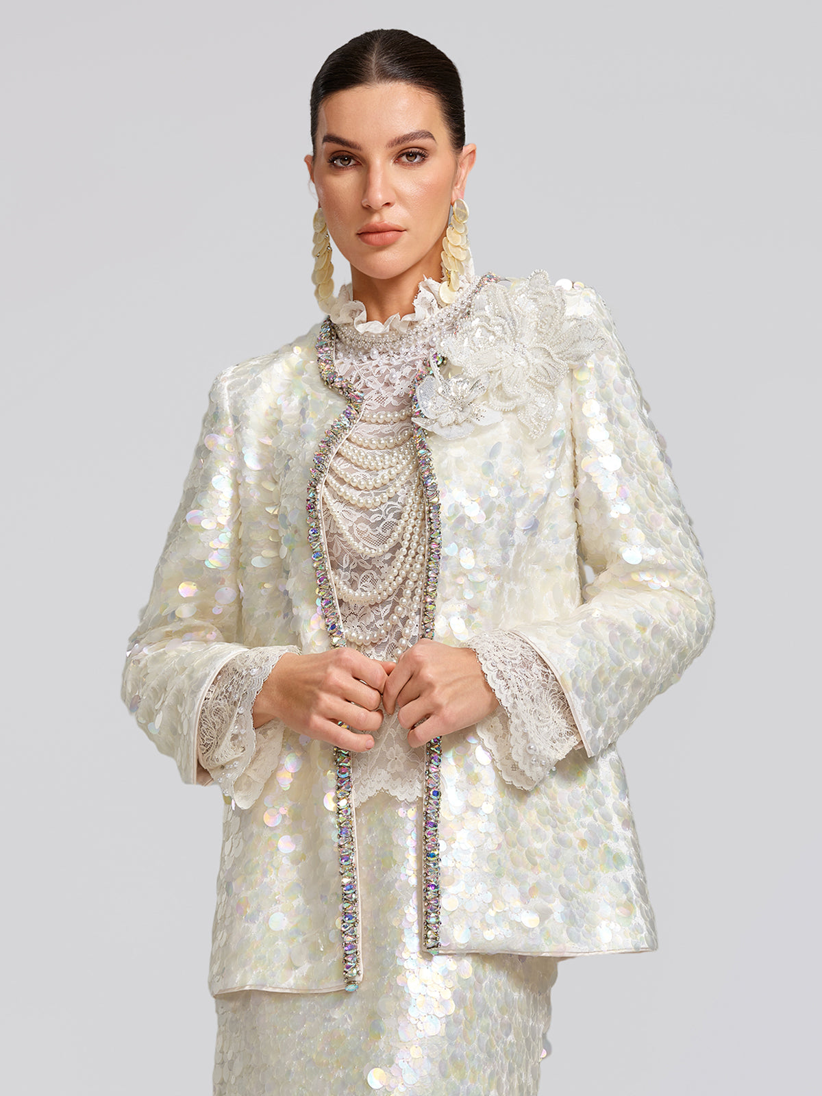 Iridescent Sequin Hand-Beaded Jacket (Detachable Flower Included)