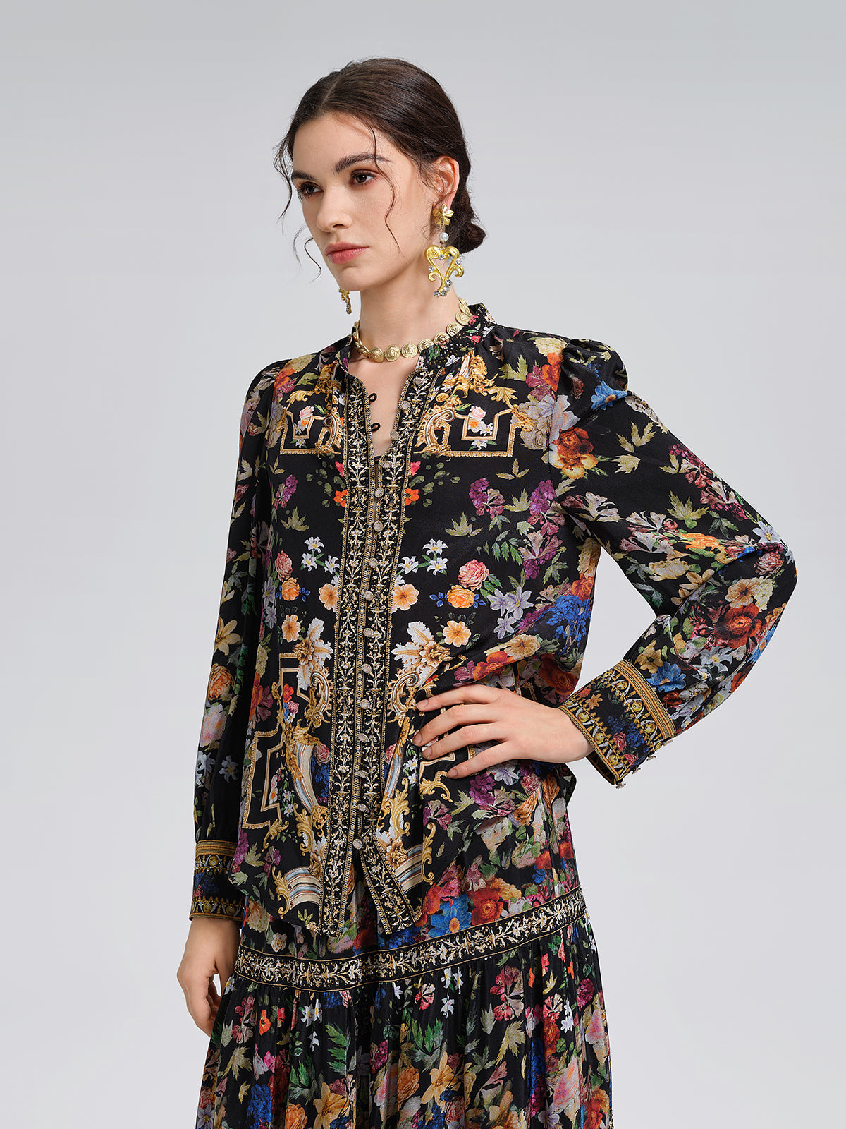 100% Silk Floral Print Rhinestone Blouse