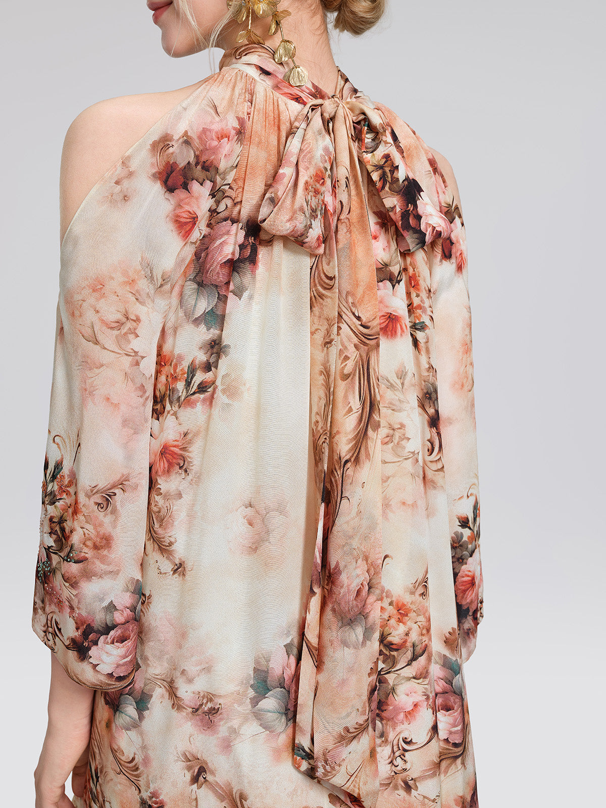 Silk Digital Floral Print Rhinestone Cut-Out Tie-Back Dress