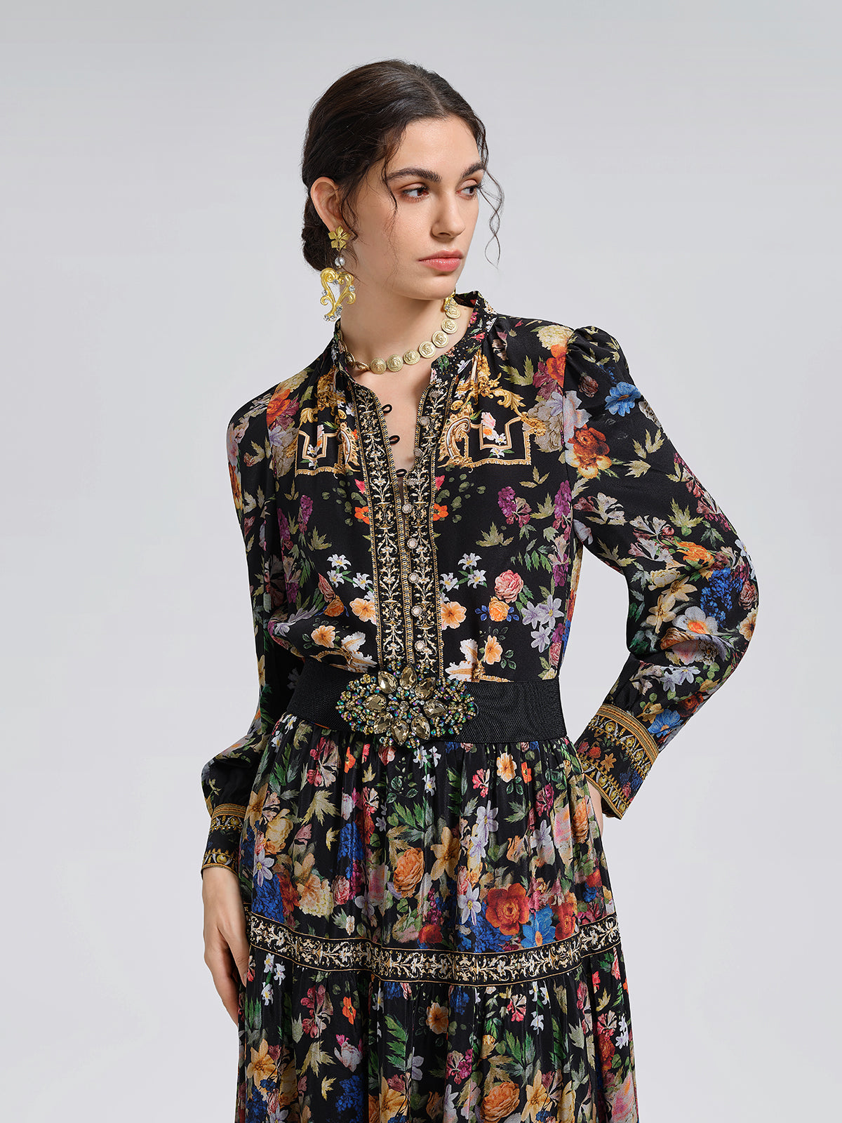 100% Silk Floral Print Rhinestone Blouse