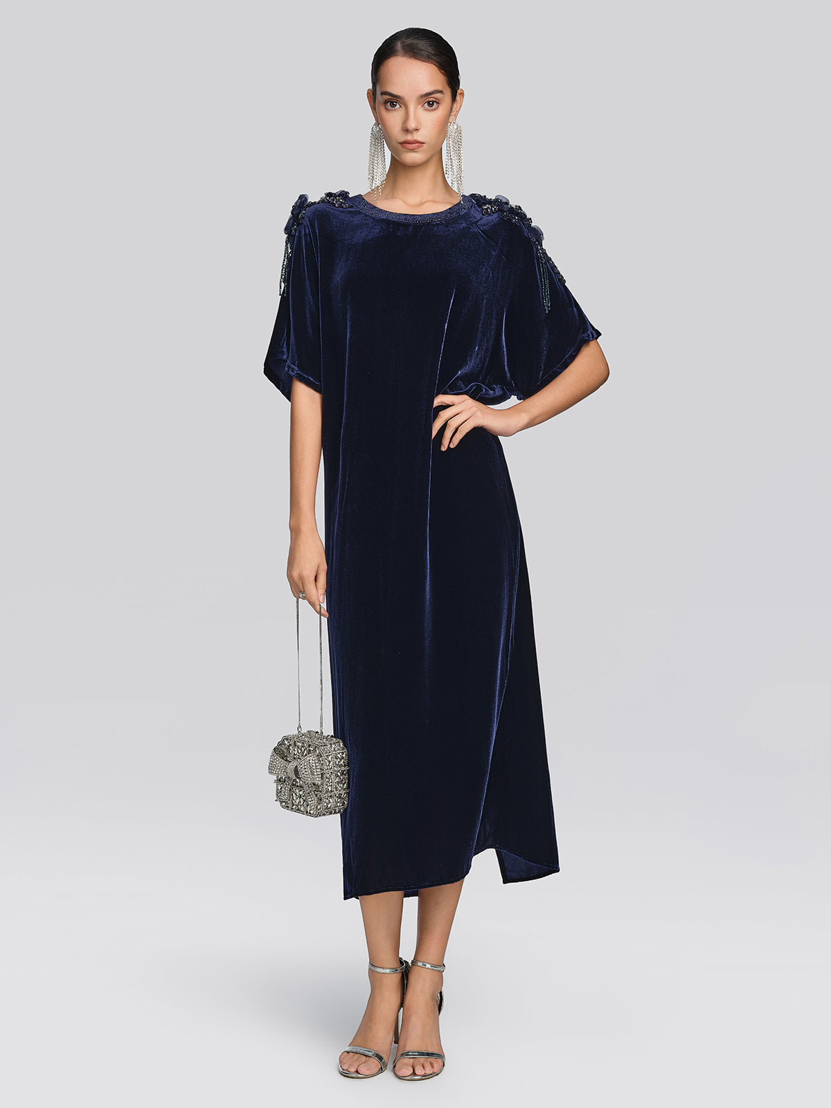 Velvet 3D Floral Rhinestone Dress