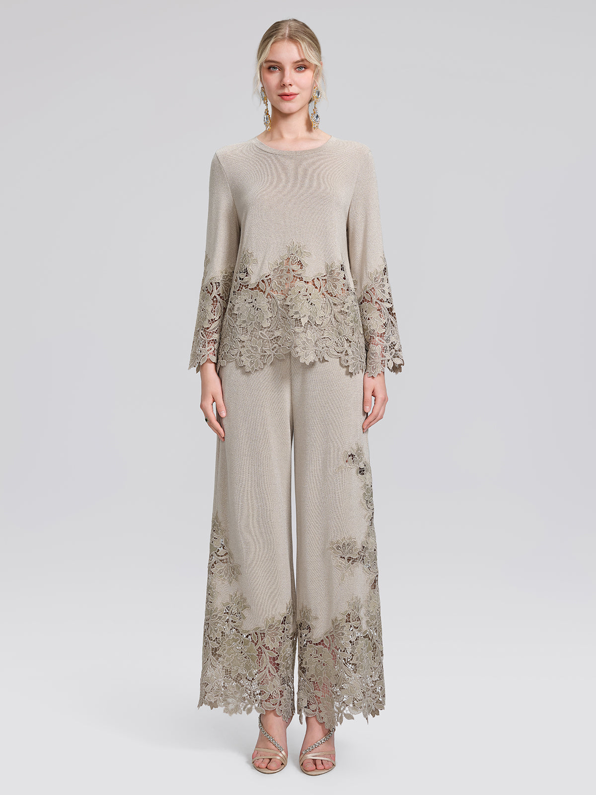 Metallic Knit Cut-Out Lace Trim Blouse