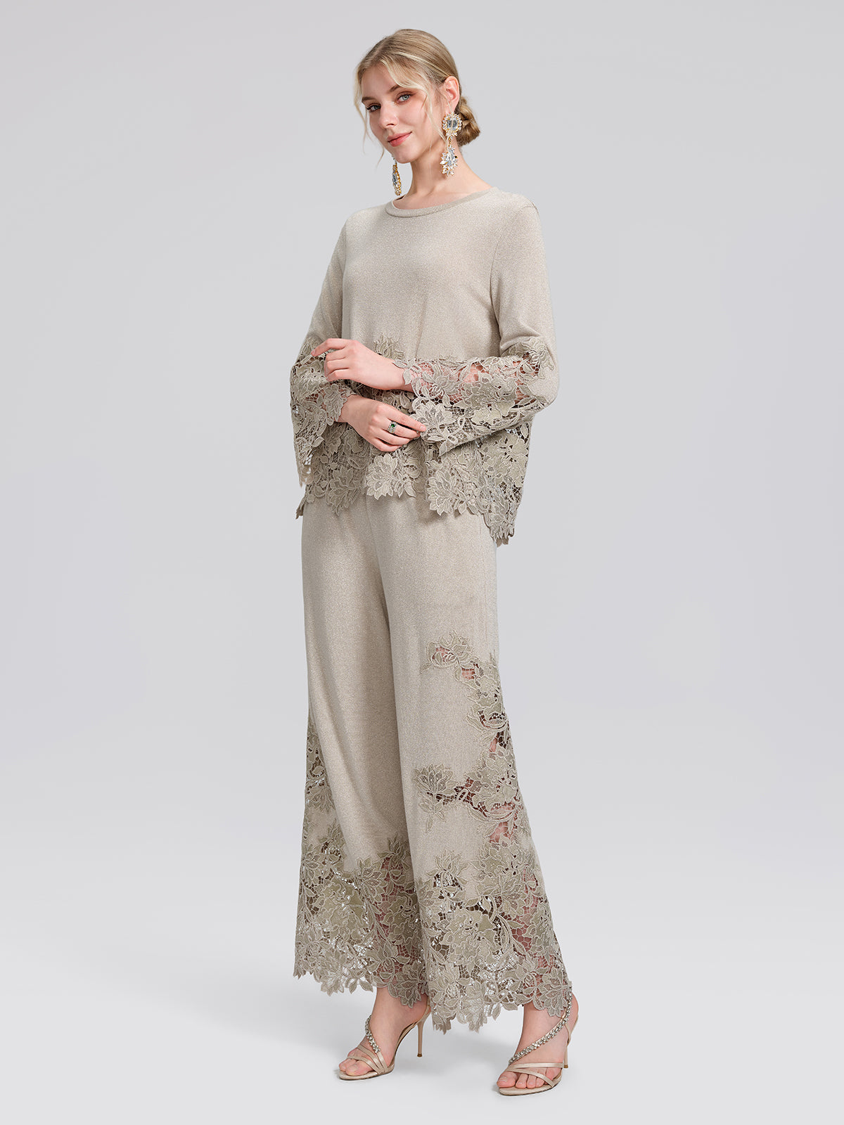 Metallic Knit Cut-Out Lace Trim Blouse