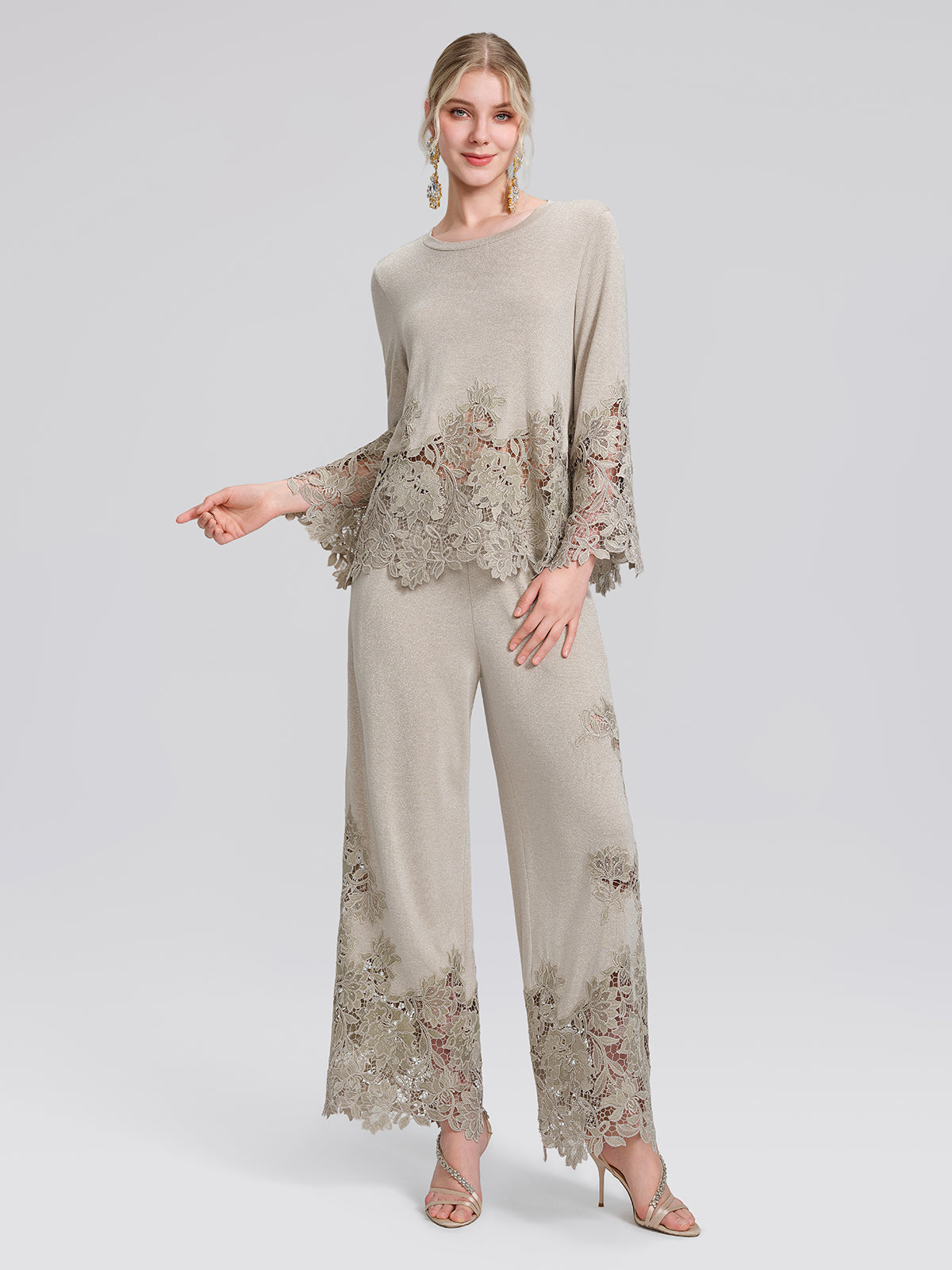 Metallic Knit Lace Trim Elastic-Waist Pants