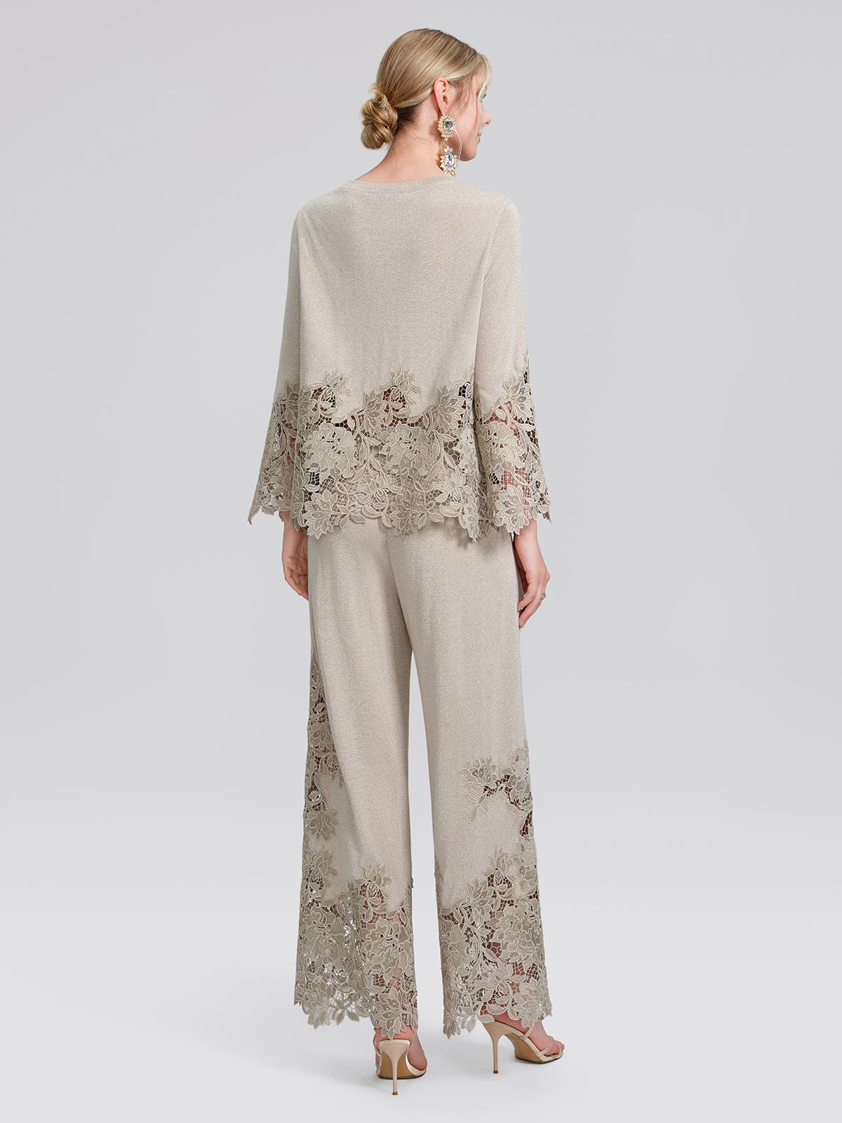 Metallic Knit Cut-Out Lace Trim Blouse
