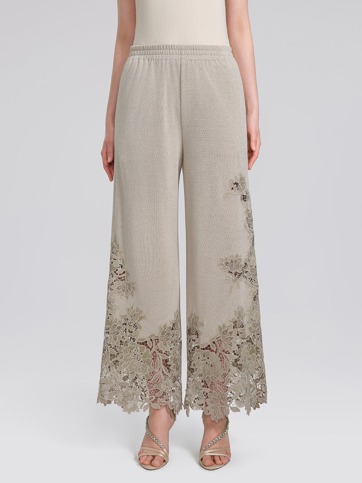 Metallic Knit Lace Trim Elastic-Waist Pants