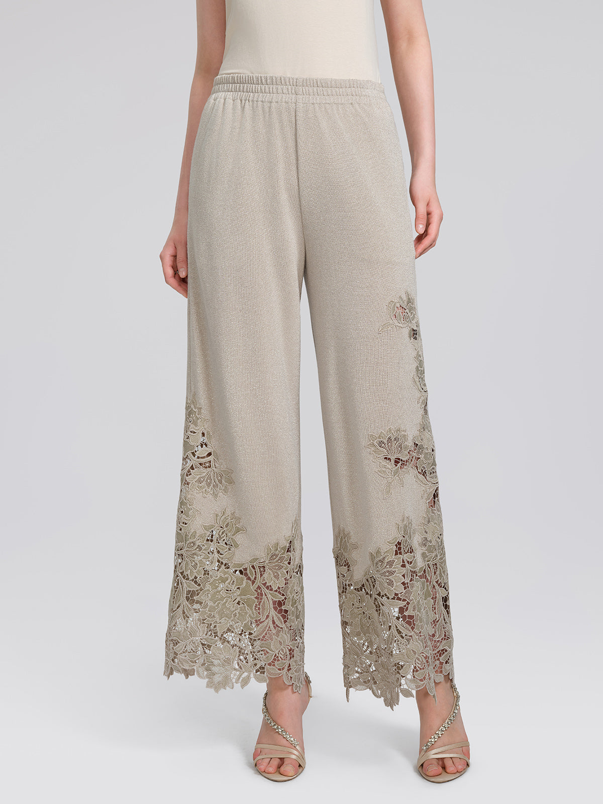 Metallic Knit Lace Trim Elastic-Waist Pants