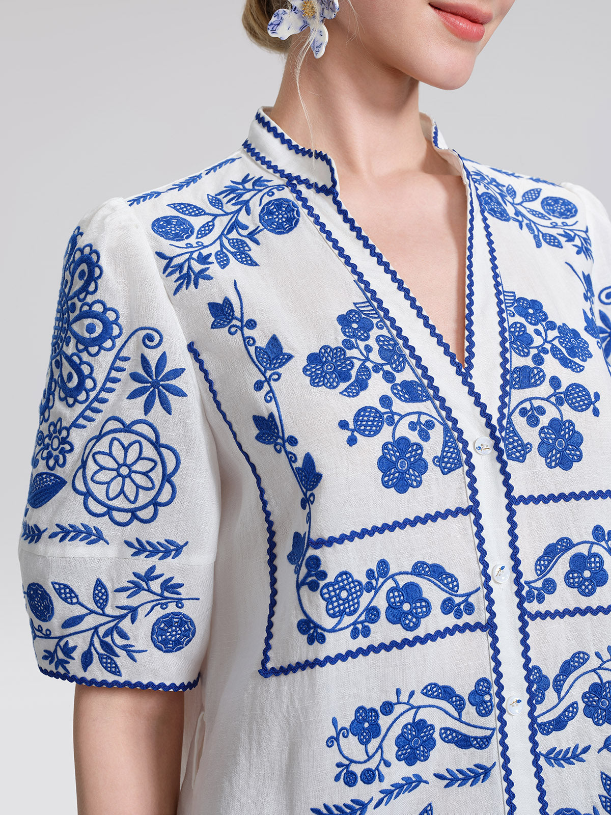 Linen Placement Embroidered Dress (Waist Tie Included)