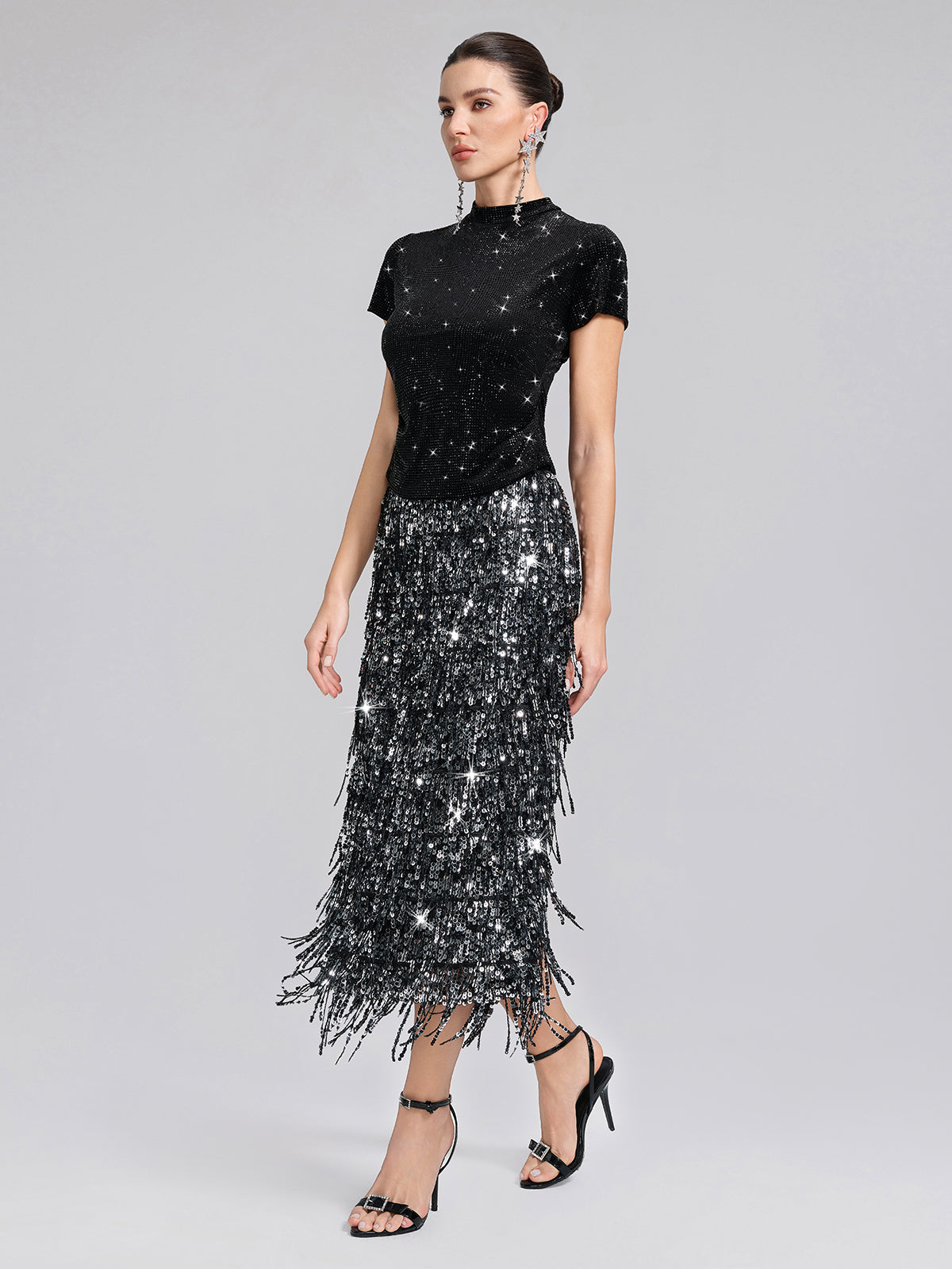 Rhinestoned Velvet Short-Sleeve Top