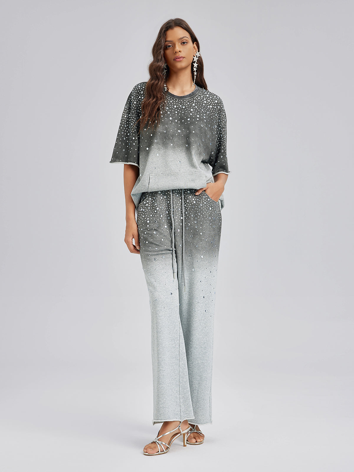 Ombre Rhinestones Washed Knit Pants
