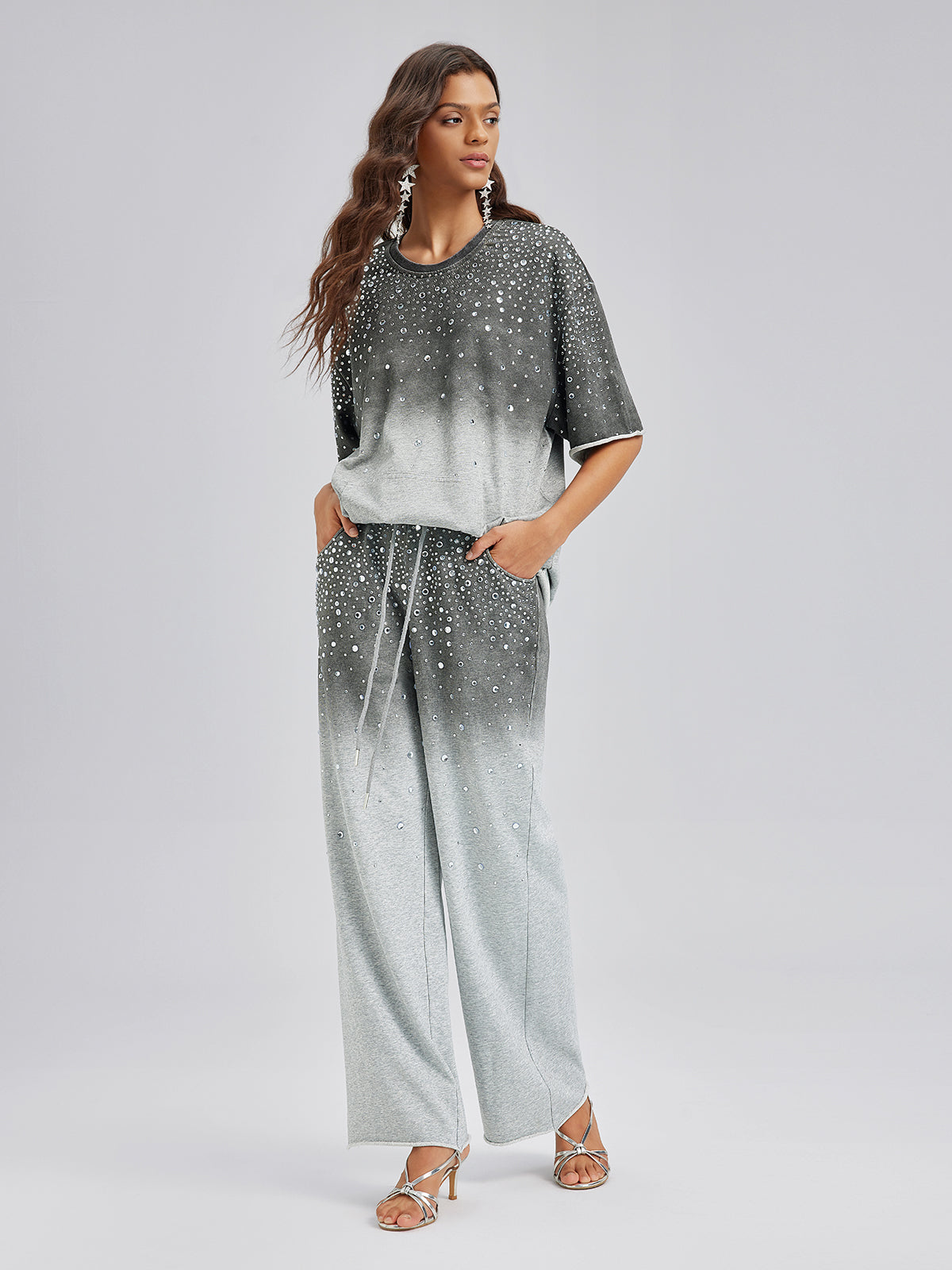 Ombre Rhinestones Washed Knit Pants