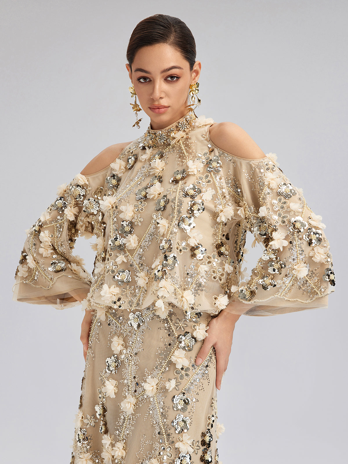 Sequin Floral Embroidery Cold-Shoulder Top