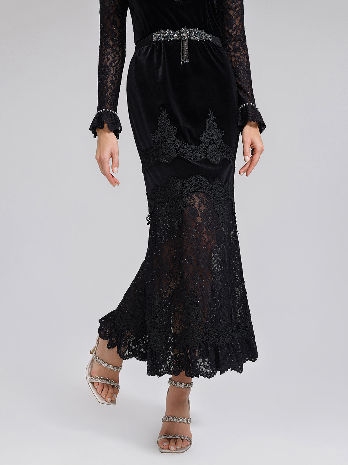 Sequin Lace Velvet Panel Fishtail Skirt