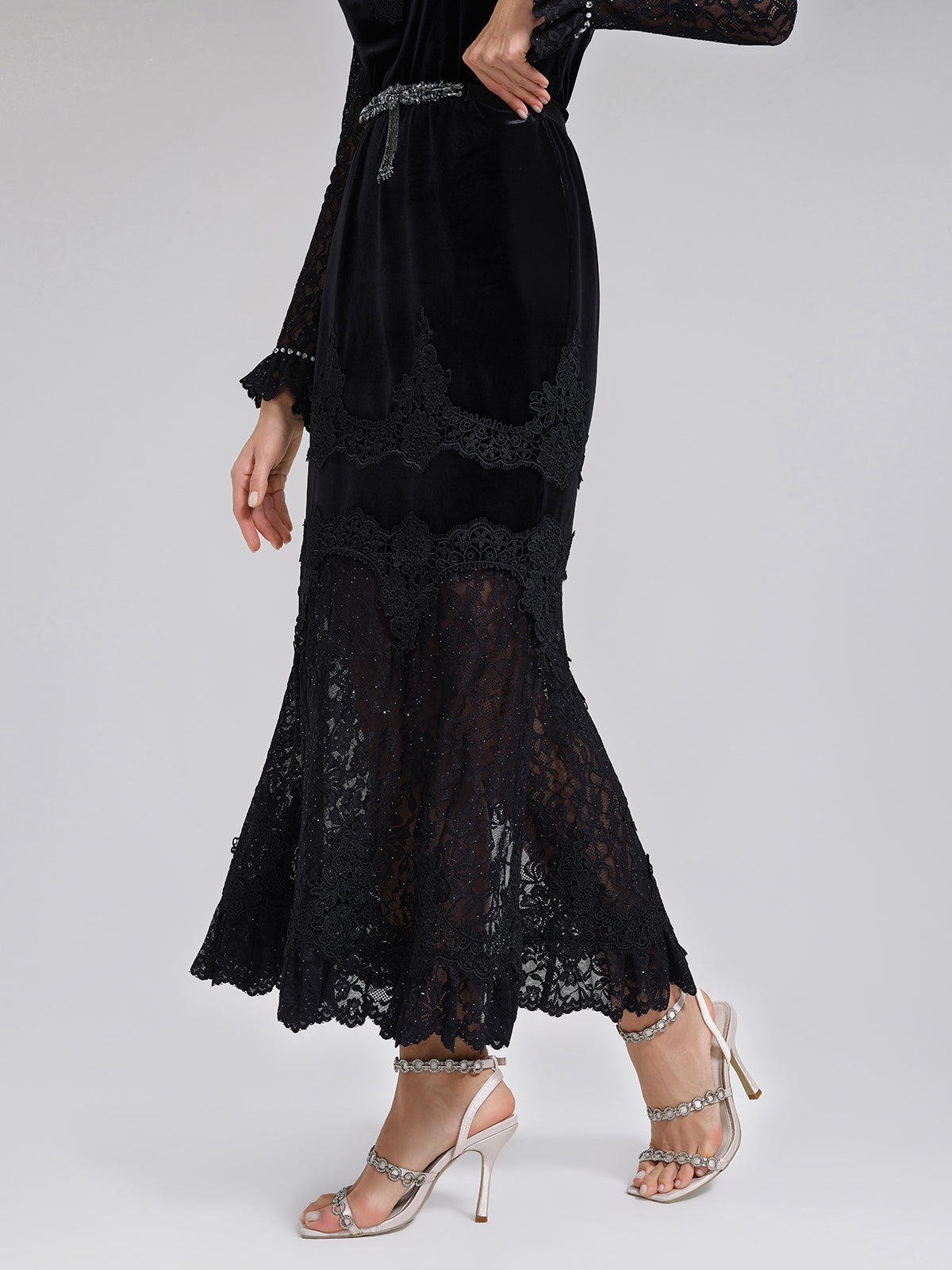 Sequin Lace Velvet Panel Fishtail Skirt