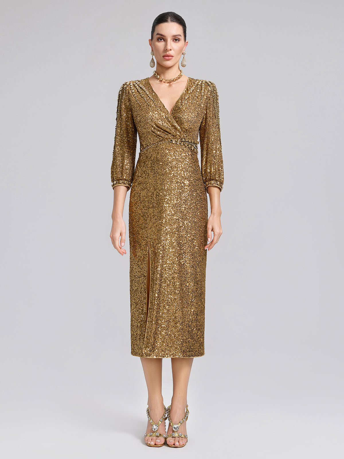 Gold Sequin Crystal V-Neck Dress