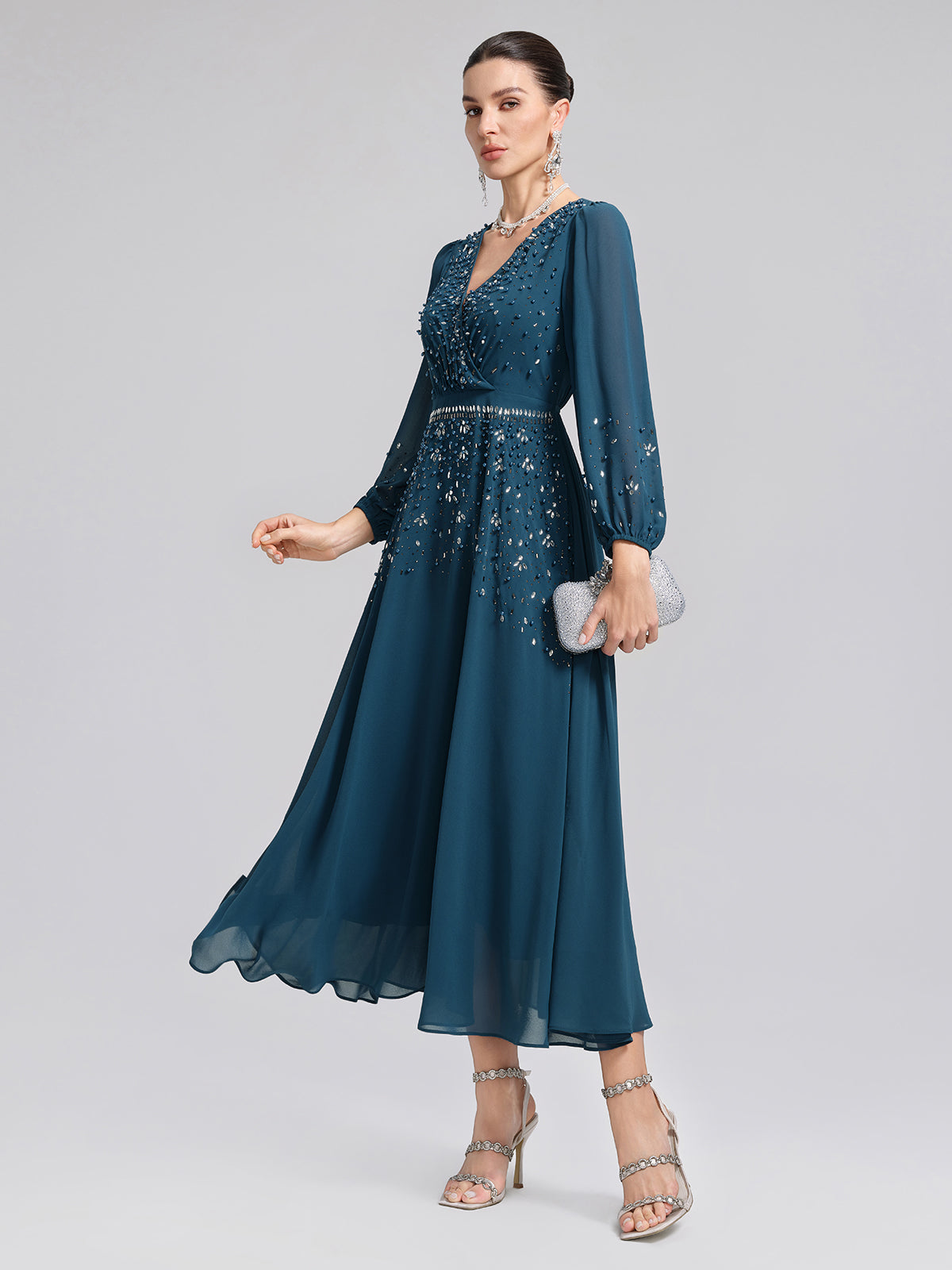 Rhinestone-Embellished Beaded Deep V Dress