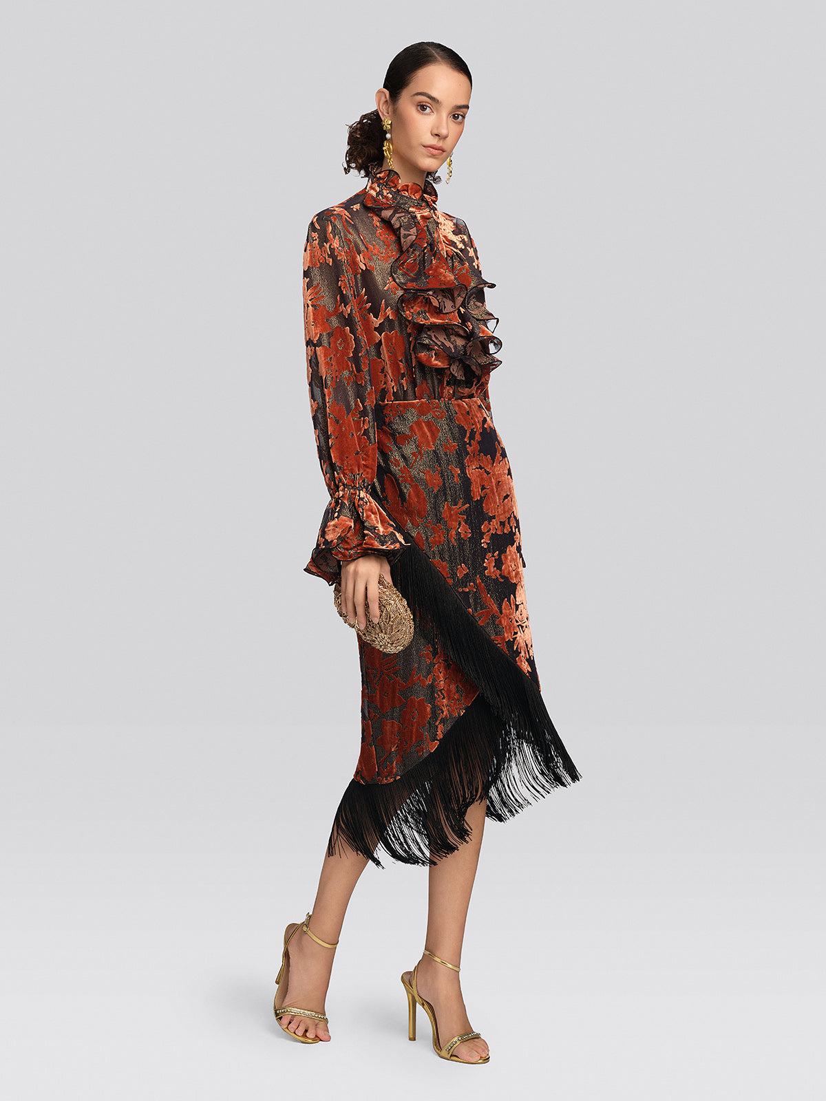 Burnout Velvet Floral Fringe Skirt