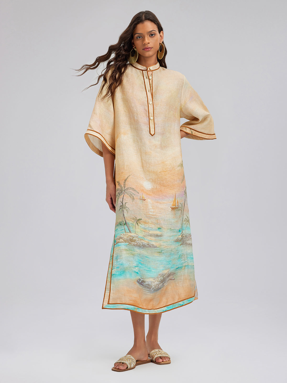 Linen Flared Sleeves Beach Print Dress