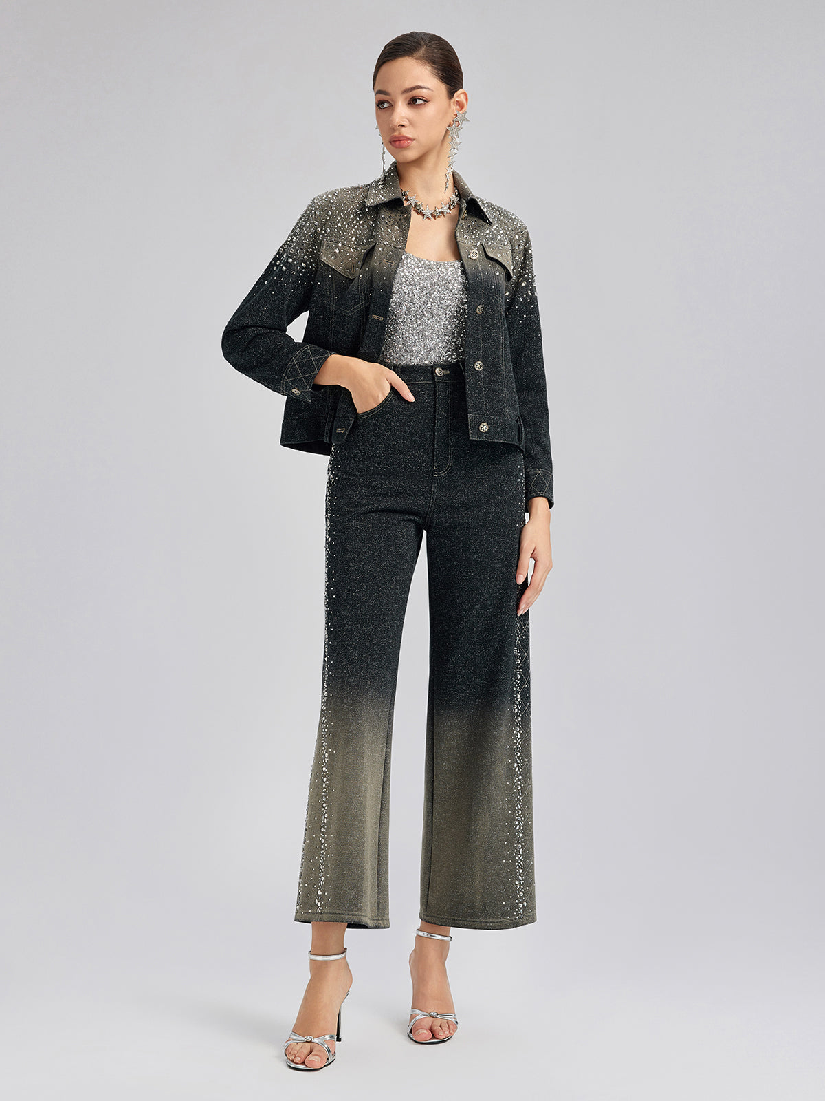 Handcrafted Rhinestone Gradient Knit Jacket