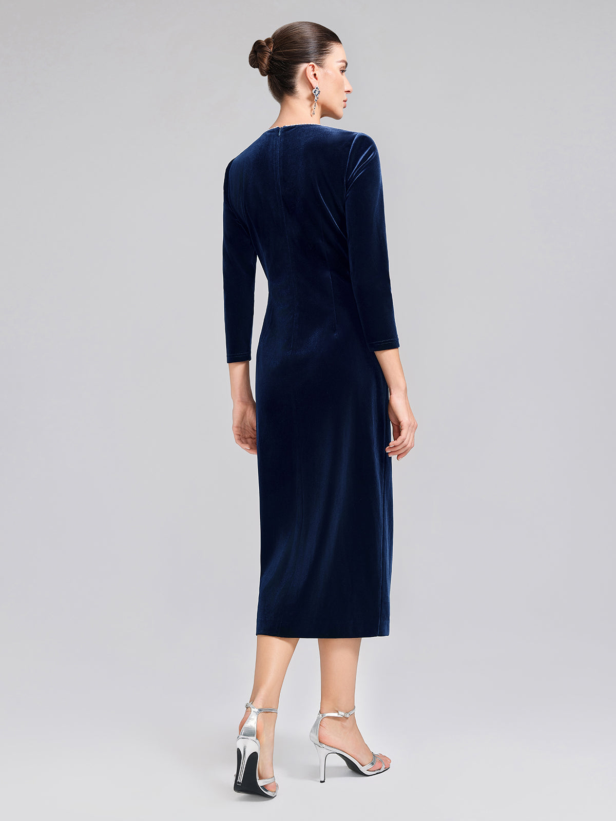 Hand-Beaded Velvet Fitted V-Neck Dress