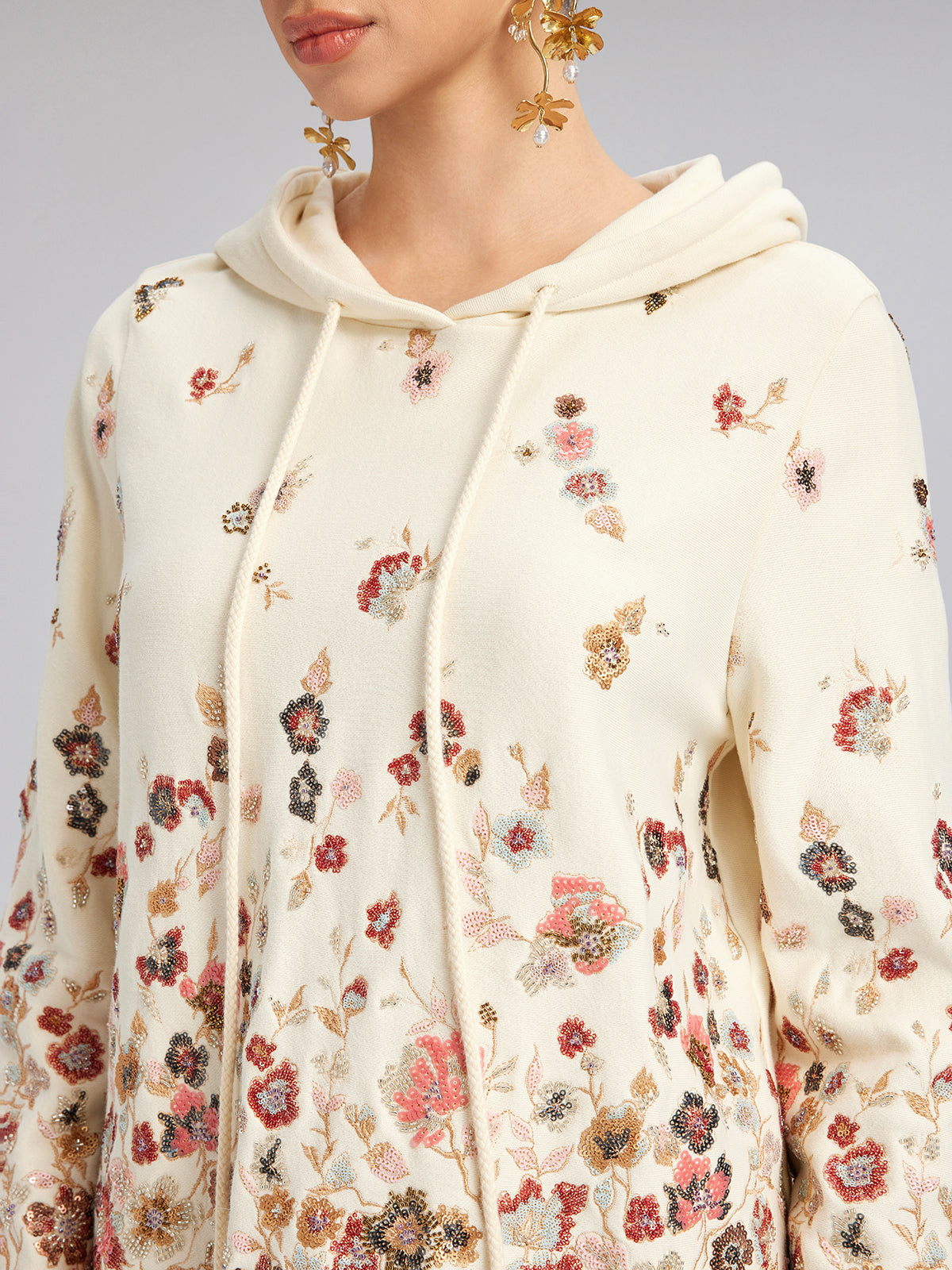 Floral Sequin Embroidered Knit Hoodie