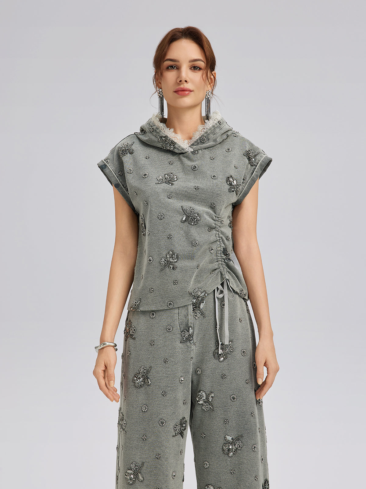 Garment Dyeing Beaded Denim Hoodie