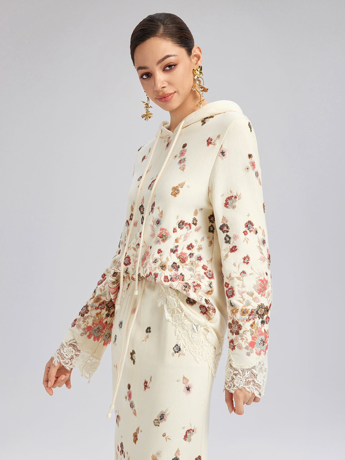 Floral Sequin Embroidered Knit Hoodie