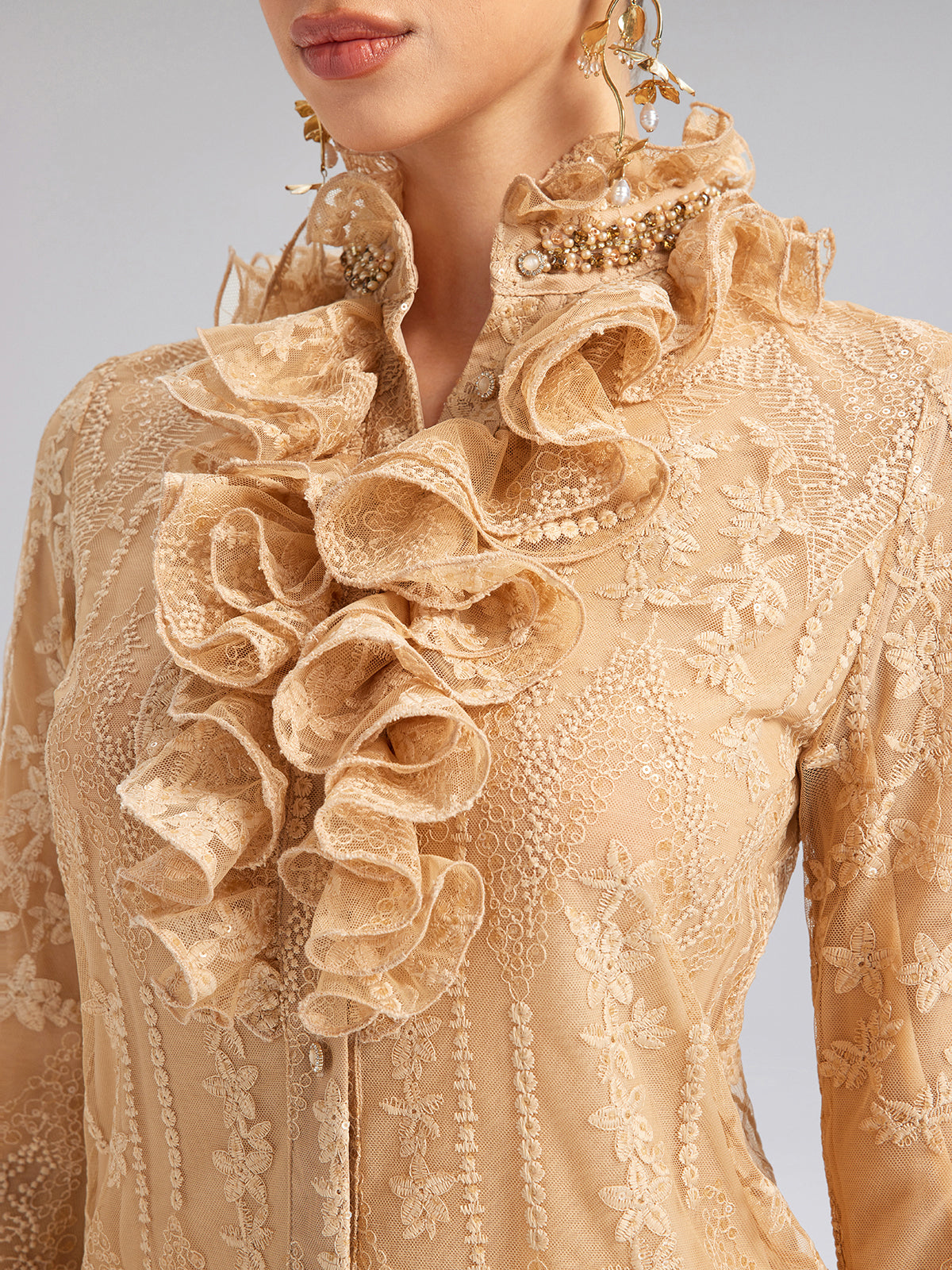 Beaded Lace Ruffled-Collar Blouse
