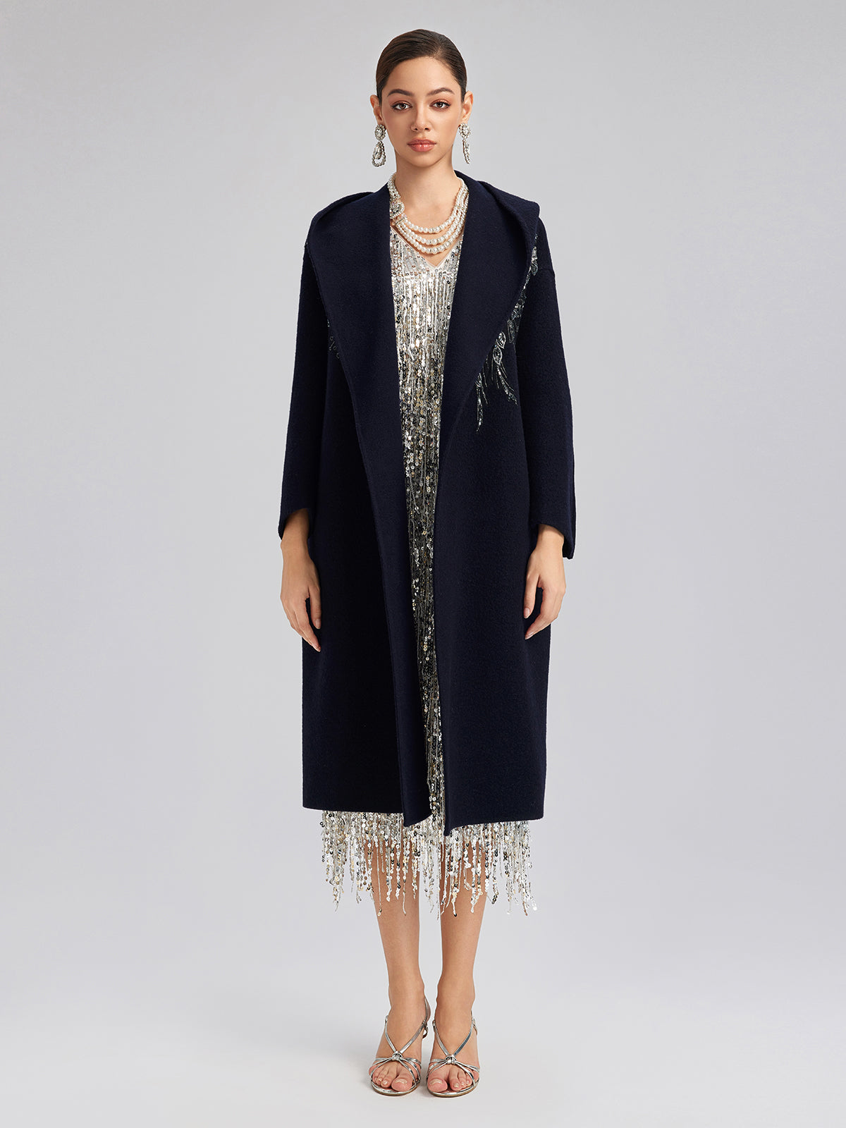 Sequin-Embroidered Double-Faced Wool Hooded Coat
