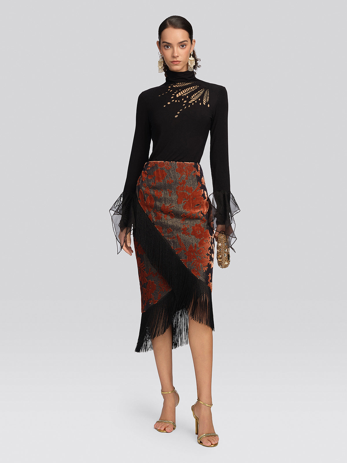 Burnout Velvet Floral Fringe Skirt