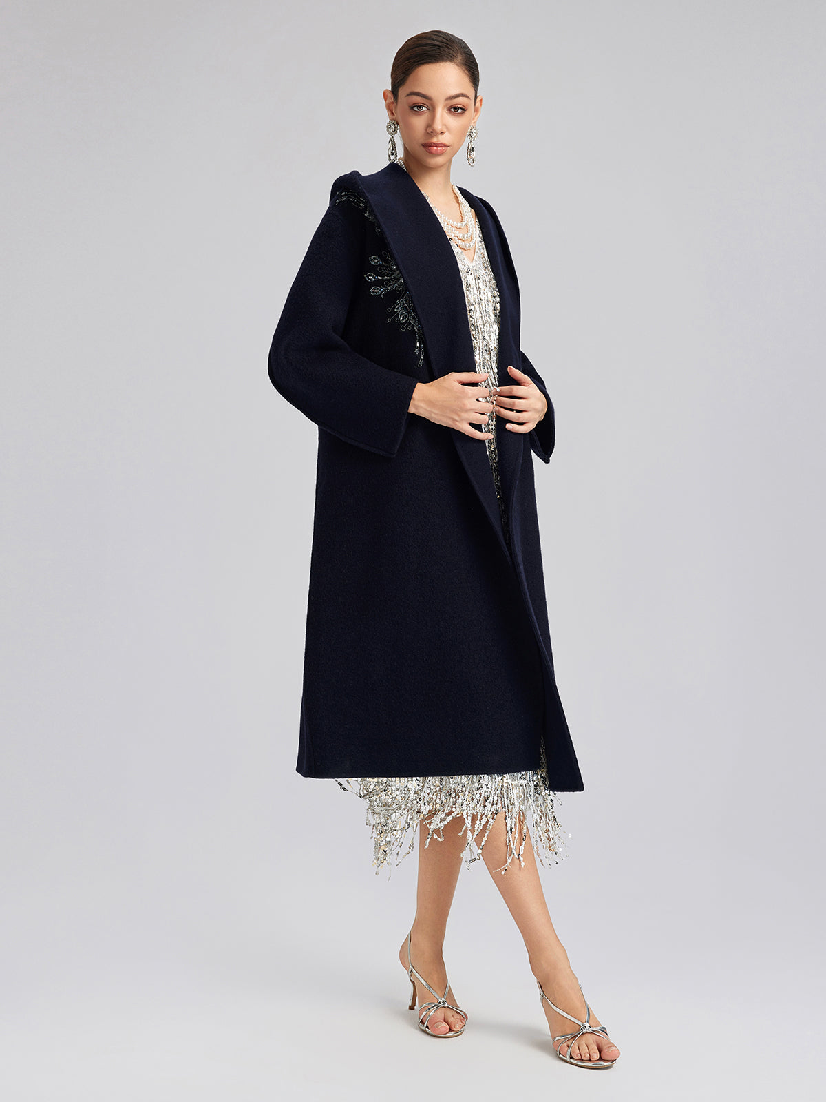 Sequin-Embroidered Double-Faced Wool Hooded Coat