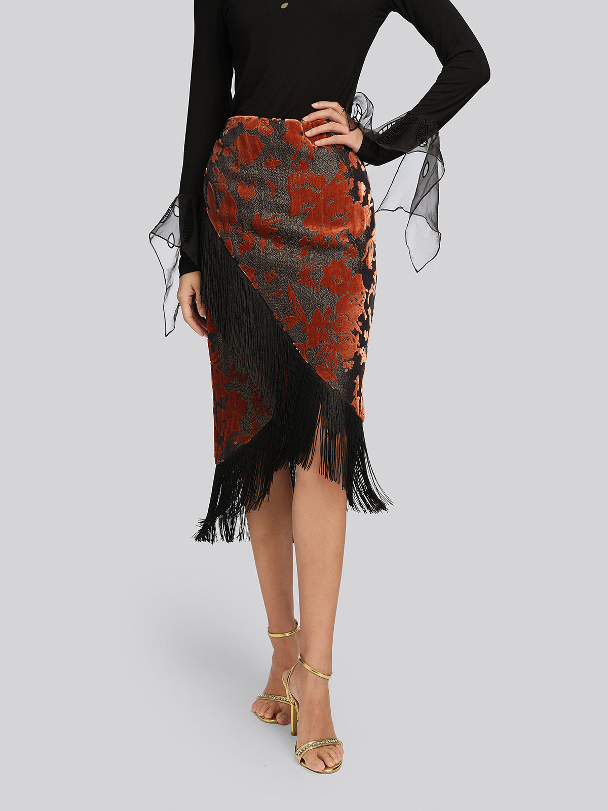 Burnout Velvet Floral Fringe Skirt