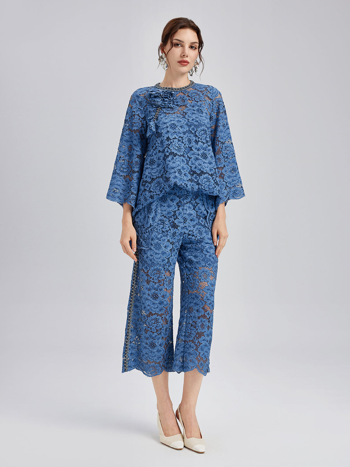 Retro Blue Wash Lace Top