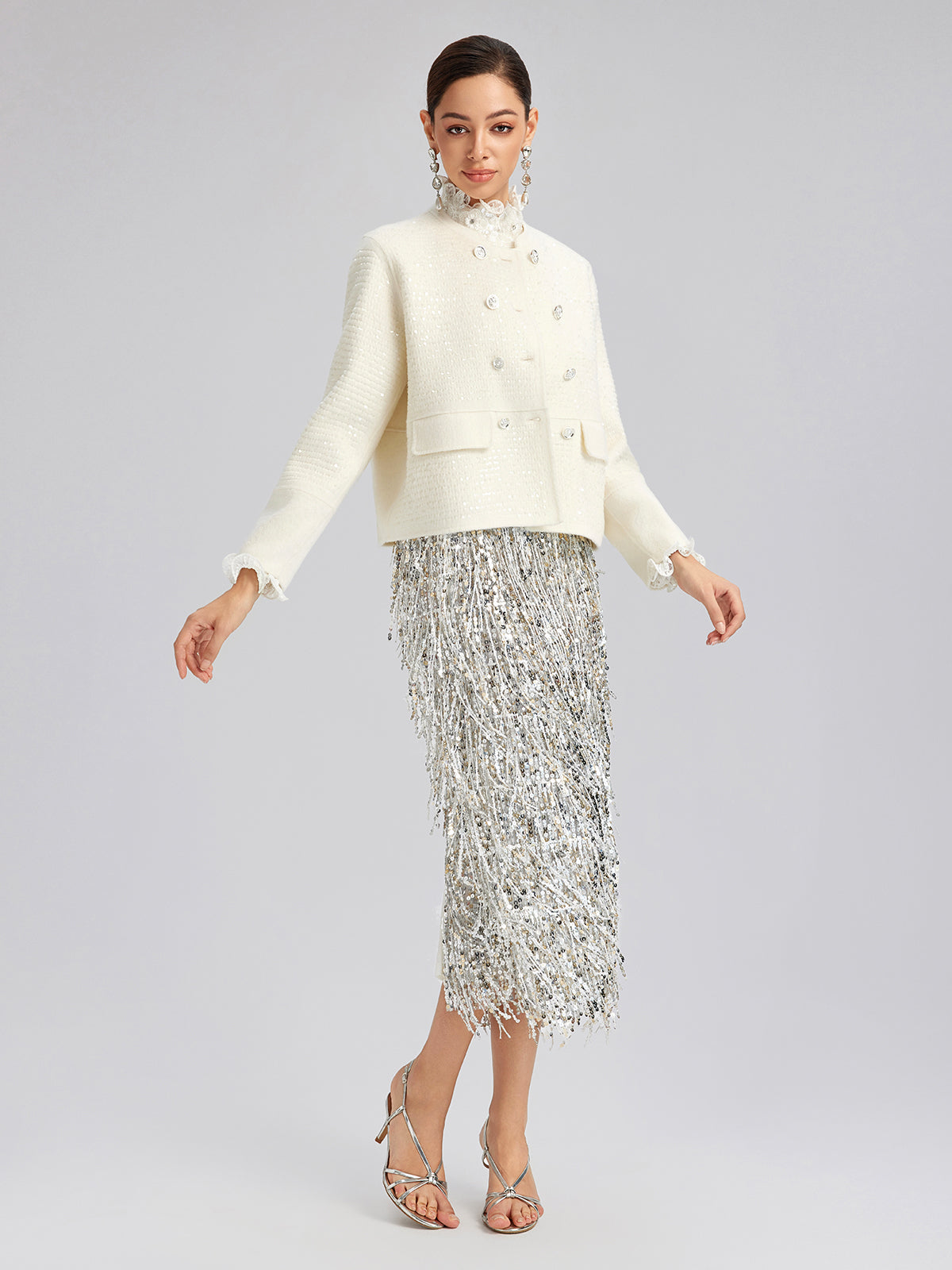 Wool Sequin-Embroidered Round Neckline Jacket (100% Wool)
