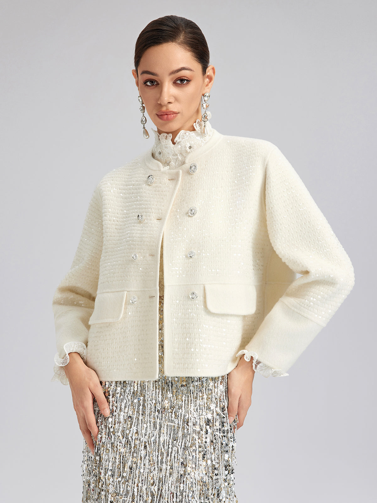Wool Sequin-Embroidered Round Neckline Jacket (100% Wool)